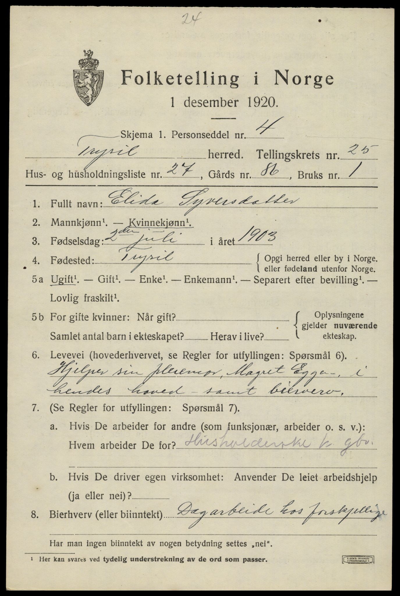 SAH, 1920 census for Trysil, 1920, p. 16005