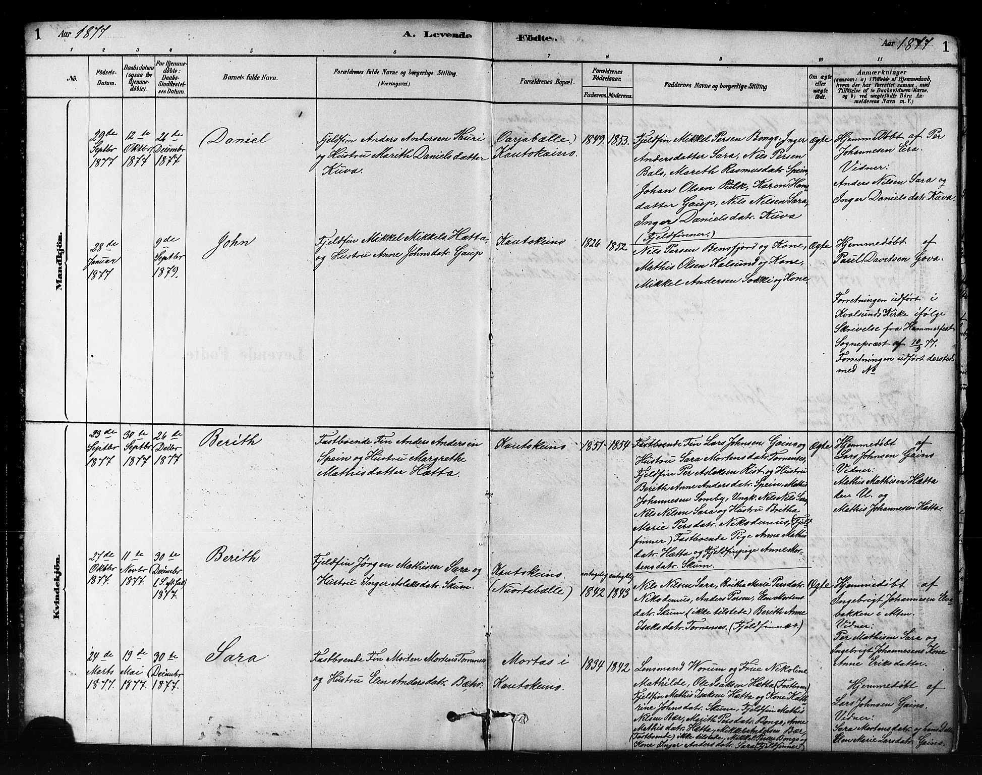 Kautokeino sokneprestembete, SATØ/S-1340/H/Hb/L0002.klokk: Parish register (copy) no. 2, 1877-1896, p. 1