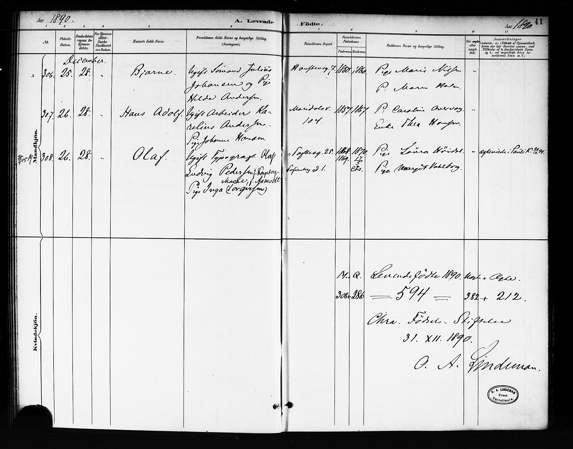 Rikshospitalet prestekontor Kirkebøker, SAO/A-10309b/F/L0008: Parish register (official) no. 8, 1890-1893, p. 41