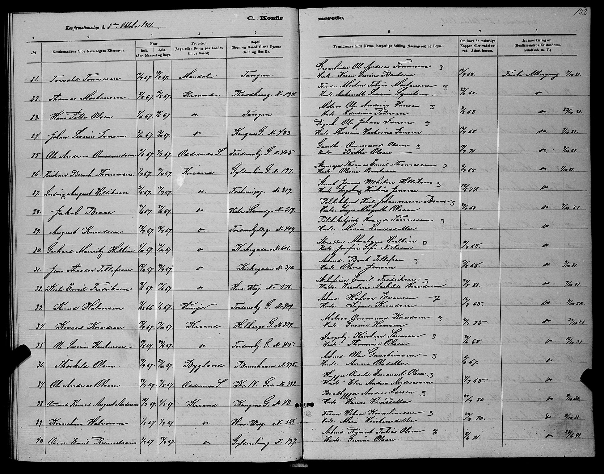 Kristiansand domprosti, SAK/1112-0006/F/Fb/L0016: Parish register (copy) no. B 16, 1881-1893, p. 152