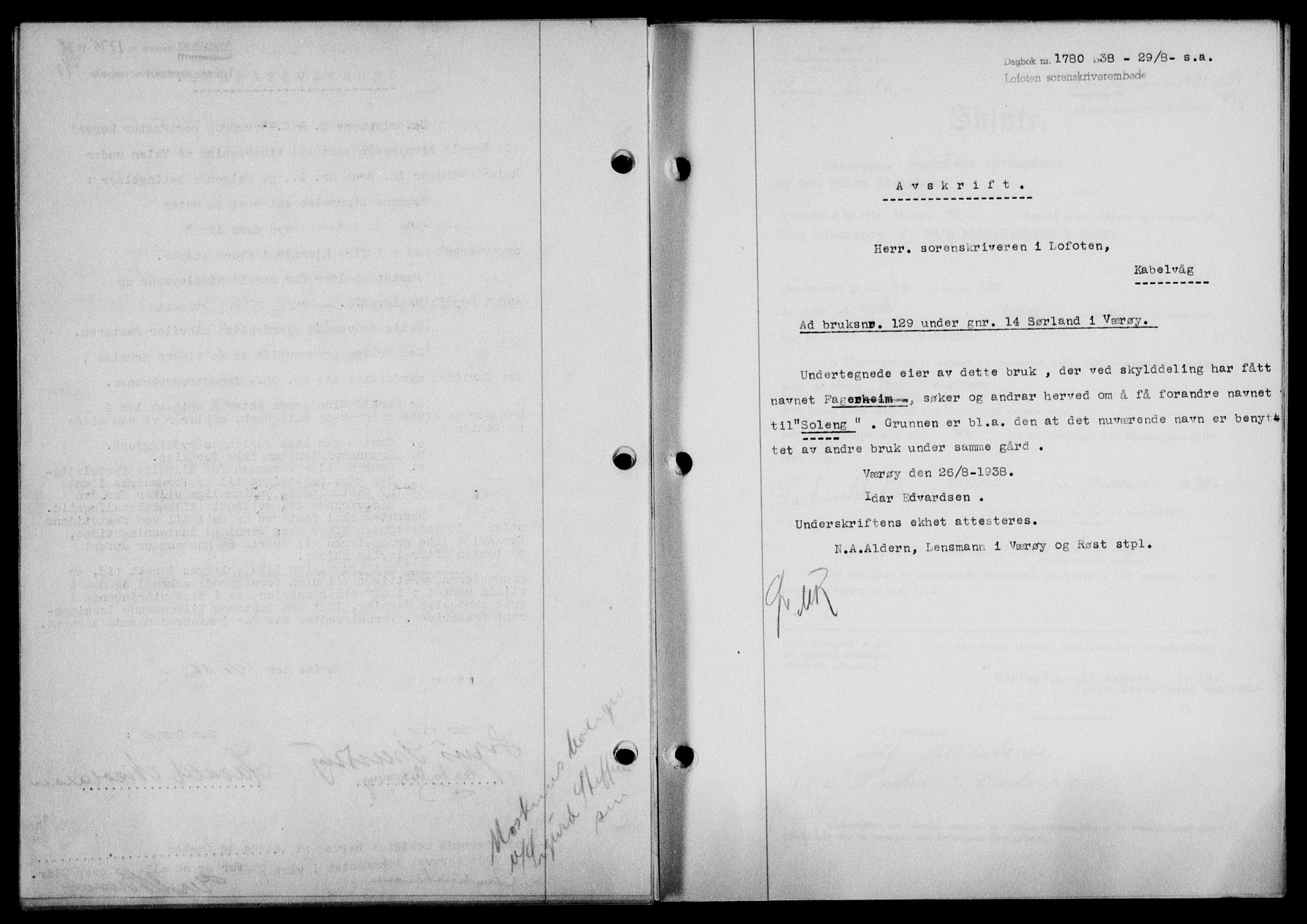 Lofoten sorenskriveri, SAT/A-0017/1/2/2C/L0004a: Mortgage book no. 4a, 1938-1938, Diary no: : 1780/1938