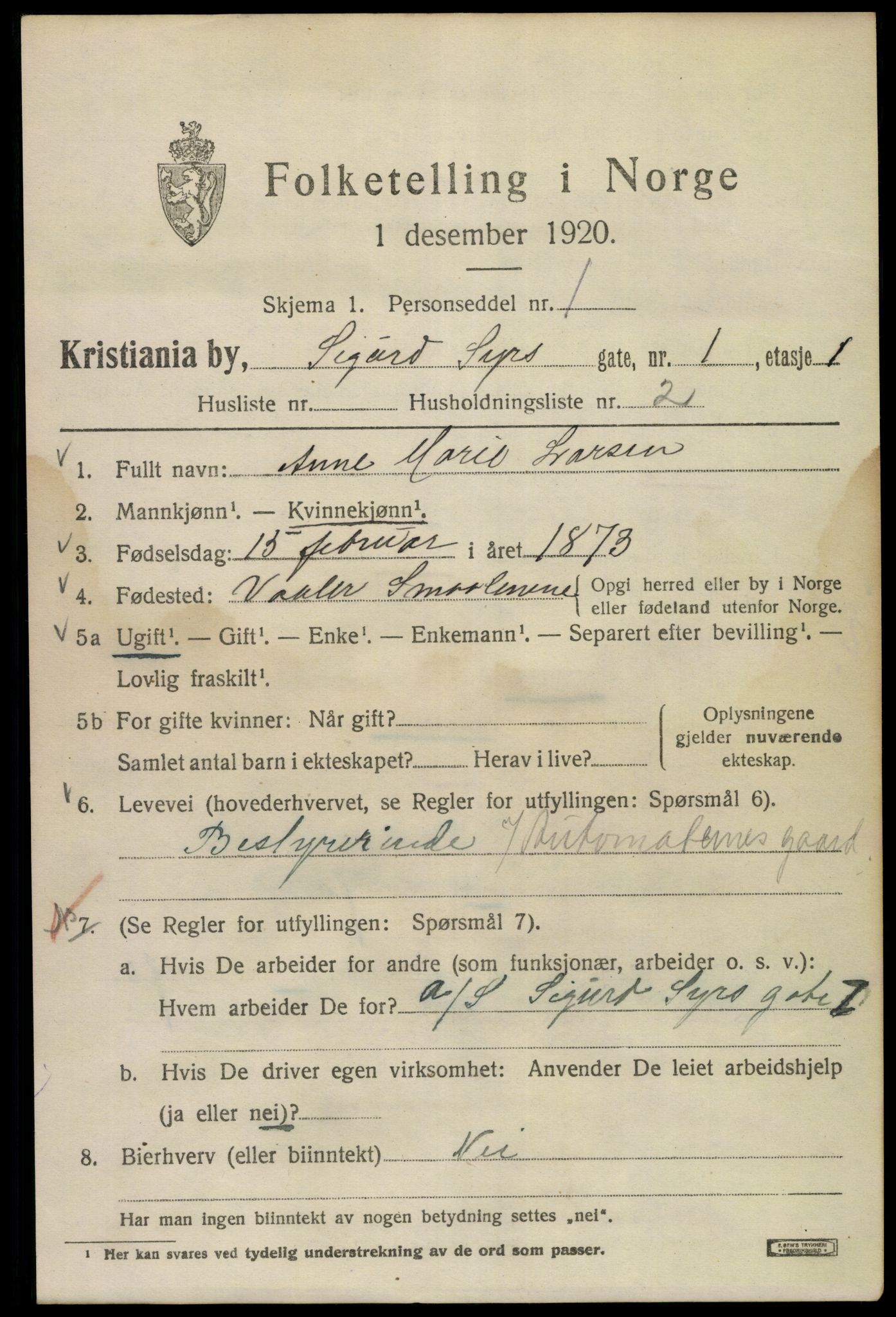 SAO, 1920 census for Kristiania, 1920, p. 510021