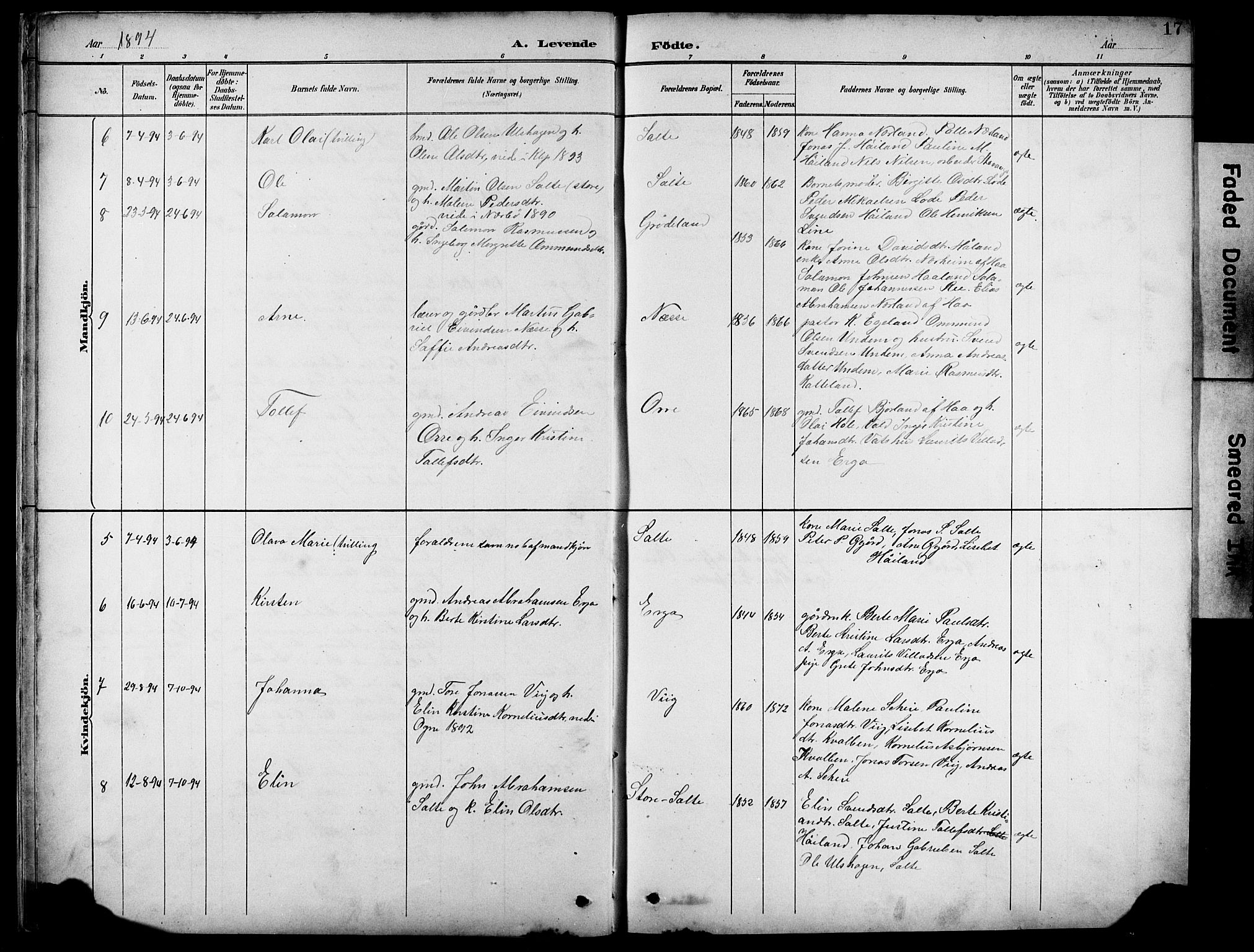 Klepp sokneprestkontor, SAST/A-101803/001/3/30BB/L0005: Parish register (copy) no. B 5, 1889-1918, p. 17