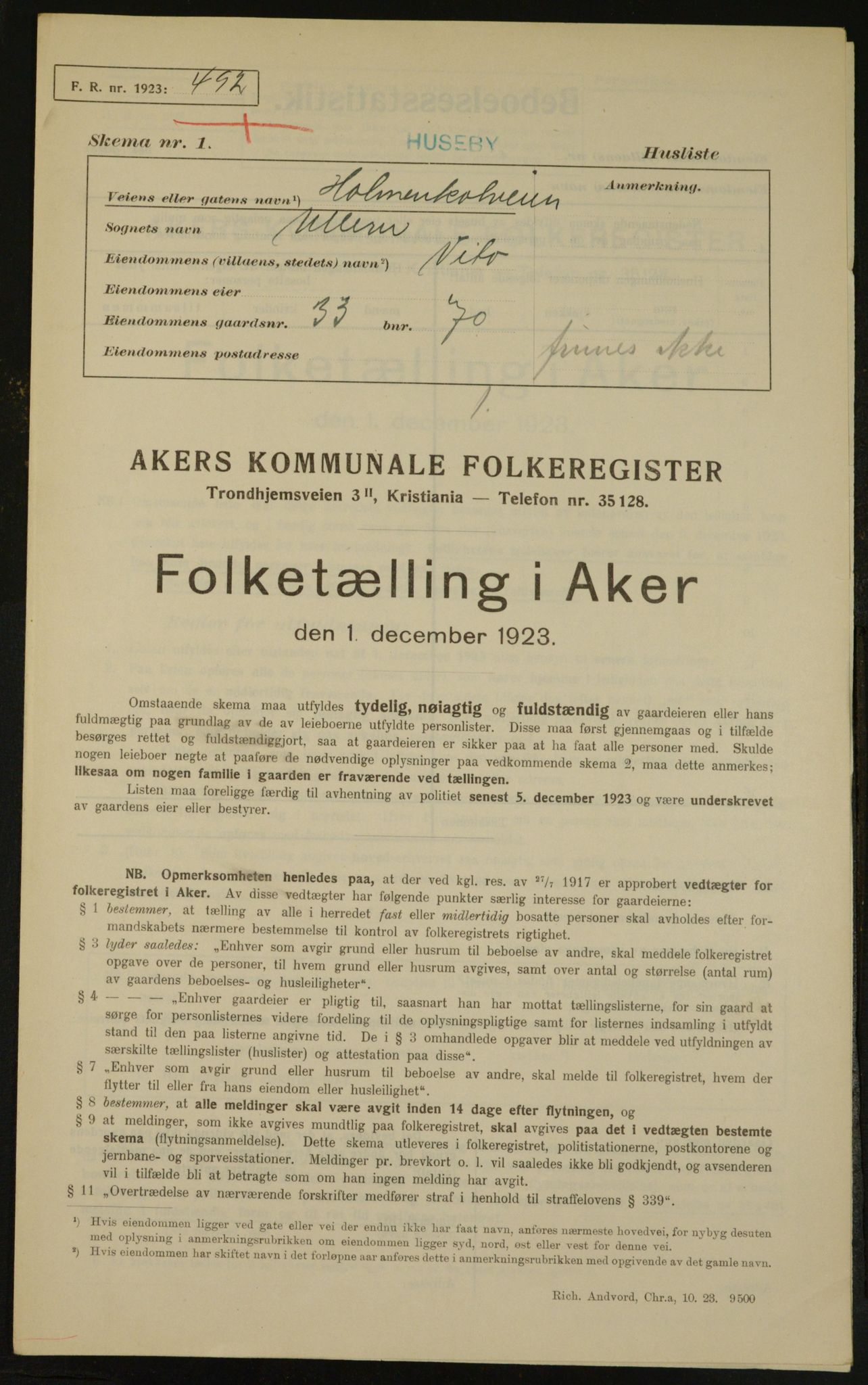 , Municipal Census 1923 for Aker, 1923, p. 2971