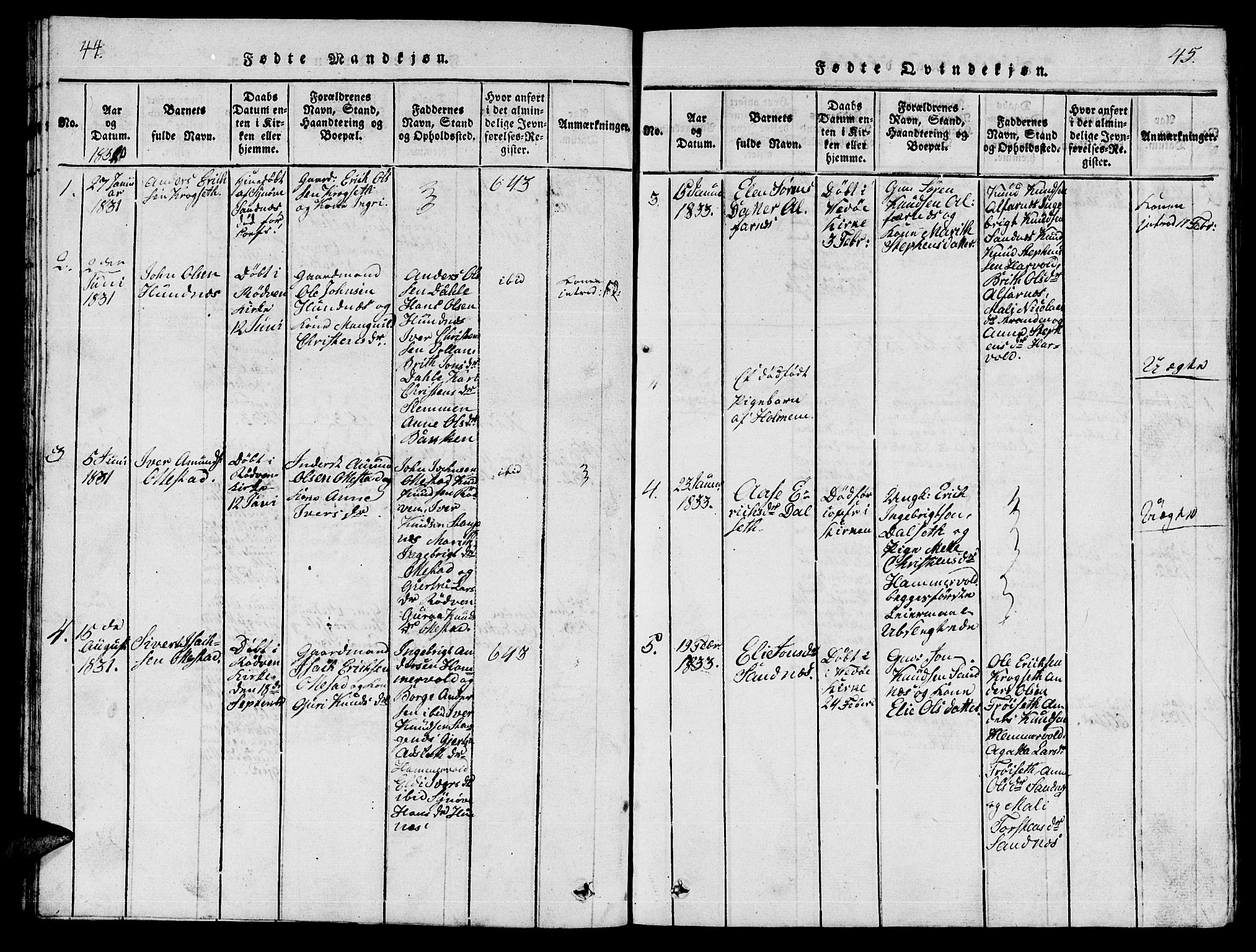 Ministerialprotokoller, klokkerbøker og fødselsregistre - Møre og Romsdal, AV/SAT-A-1454/548/L0613: Parish register (copy) no. 548C01, 1818-1846, p. 44-45