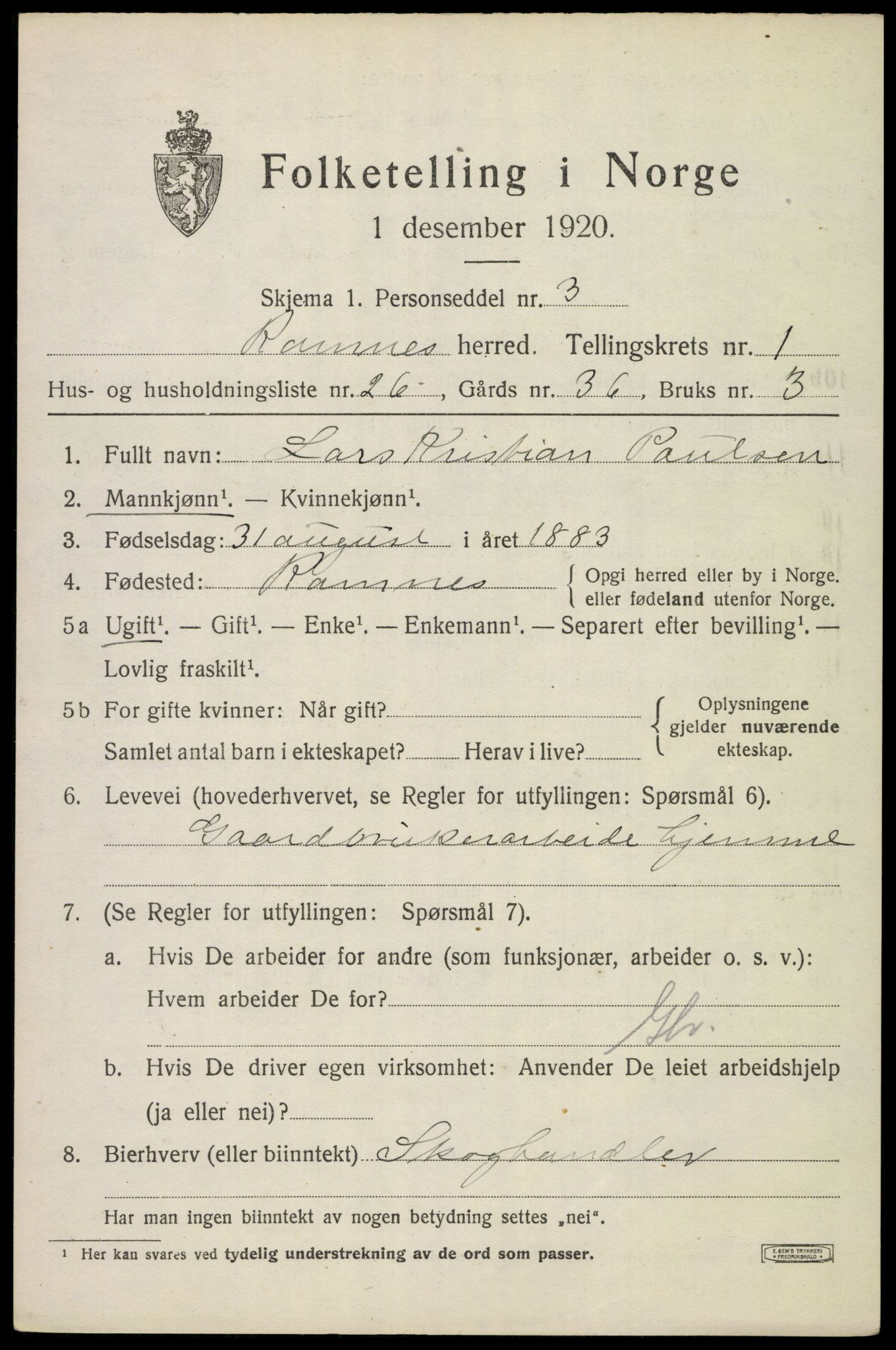 SAKO, 1920 census for Ramnes, 1920, p. 1458
