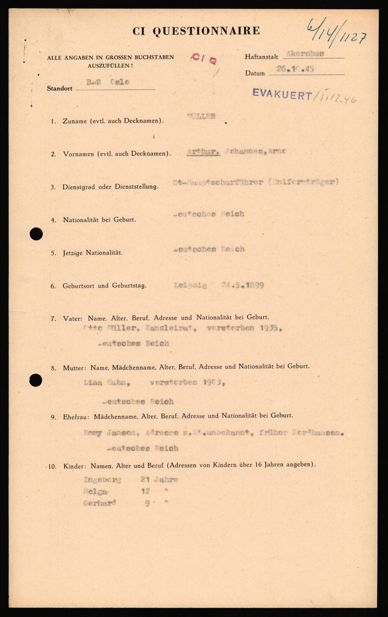Forsvaret, Forsvarets overkommando II, RA/RAFA-3915/D/Db/L0023: CI Questionaires. Tyske okkupasjonsstyrker i Norge. Tyskere., 1945-1946, p. 2