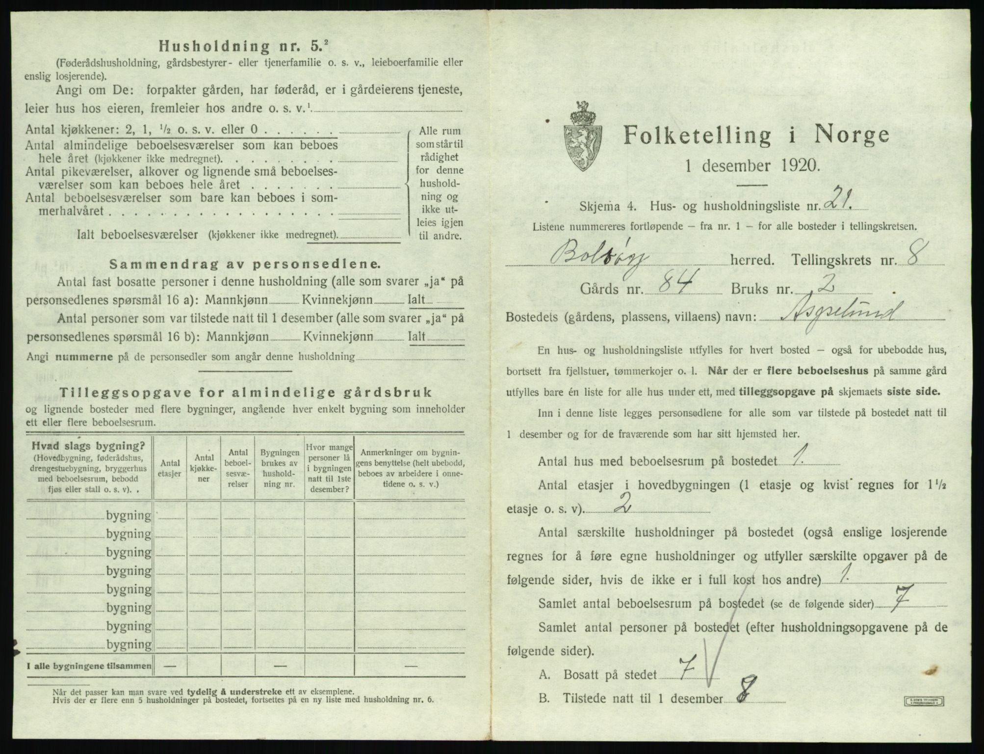 SAT, 1920 census for Bolsøy, 1920, p. 1335