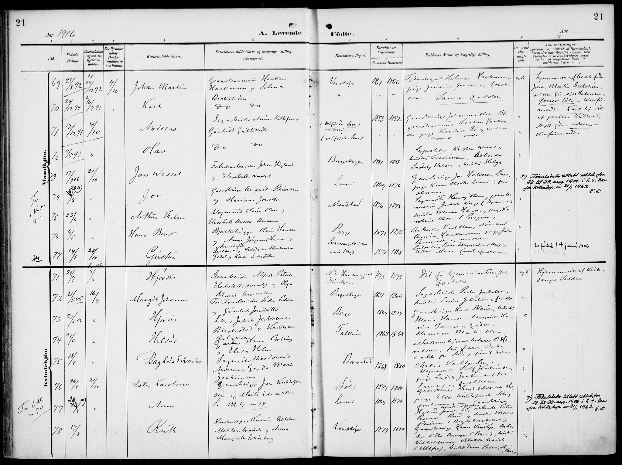 Gjerpen kirkebøker, AV/SAKO-A-265/F/Fa/L0012: Parish register (official) no. I 12, 1905-1913, p. 21