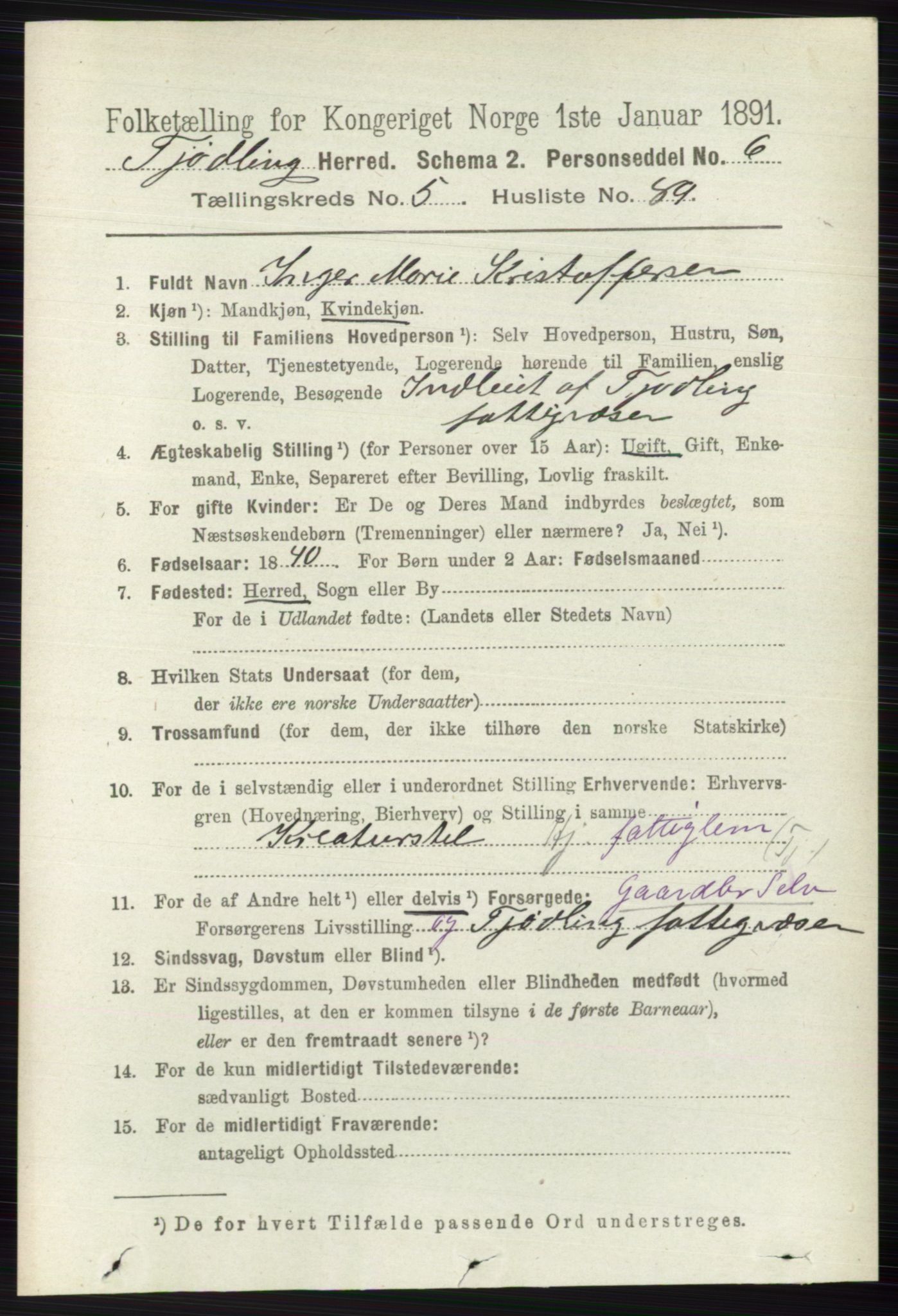 RA, 1891 census for 0725 Tjølling, 1891, p. 2520