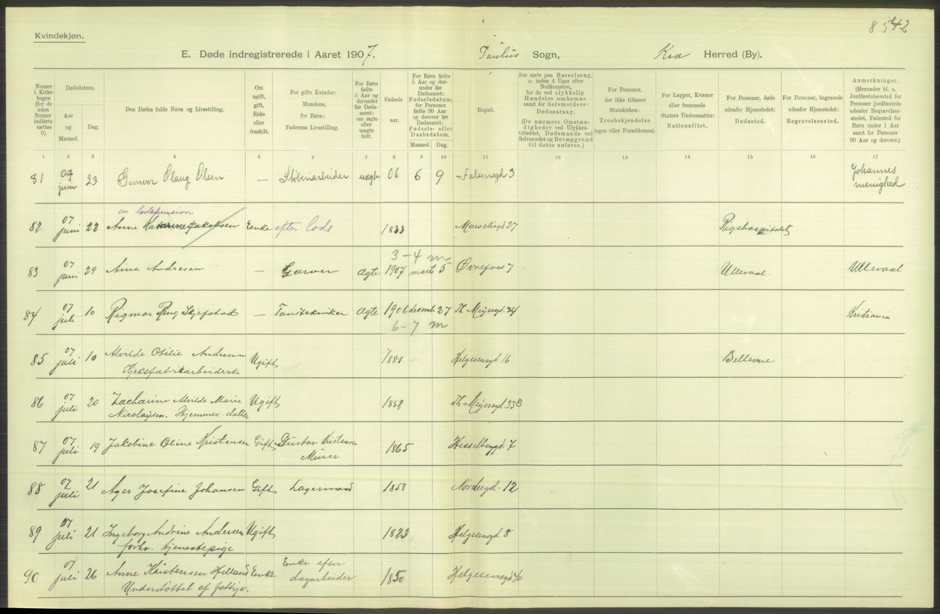 Statistisk sentralbyrå, Sosiodemografiske emner, Befolkning, AV/RA-S-2228/D/Df/Dfa/Dfae/L0009: Kristiania: Døde, 1907, p. 388