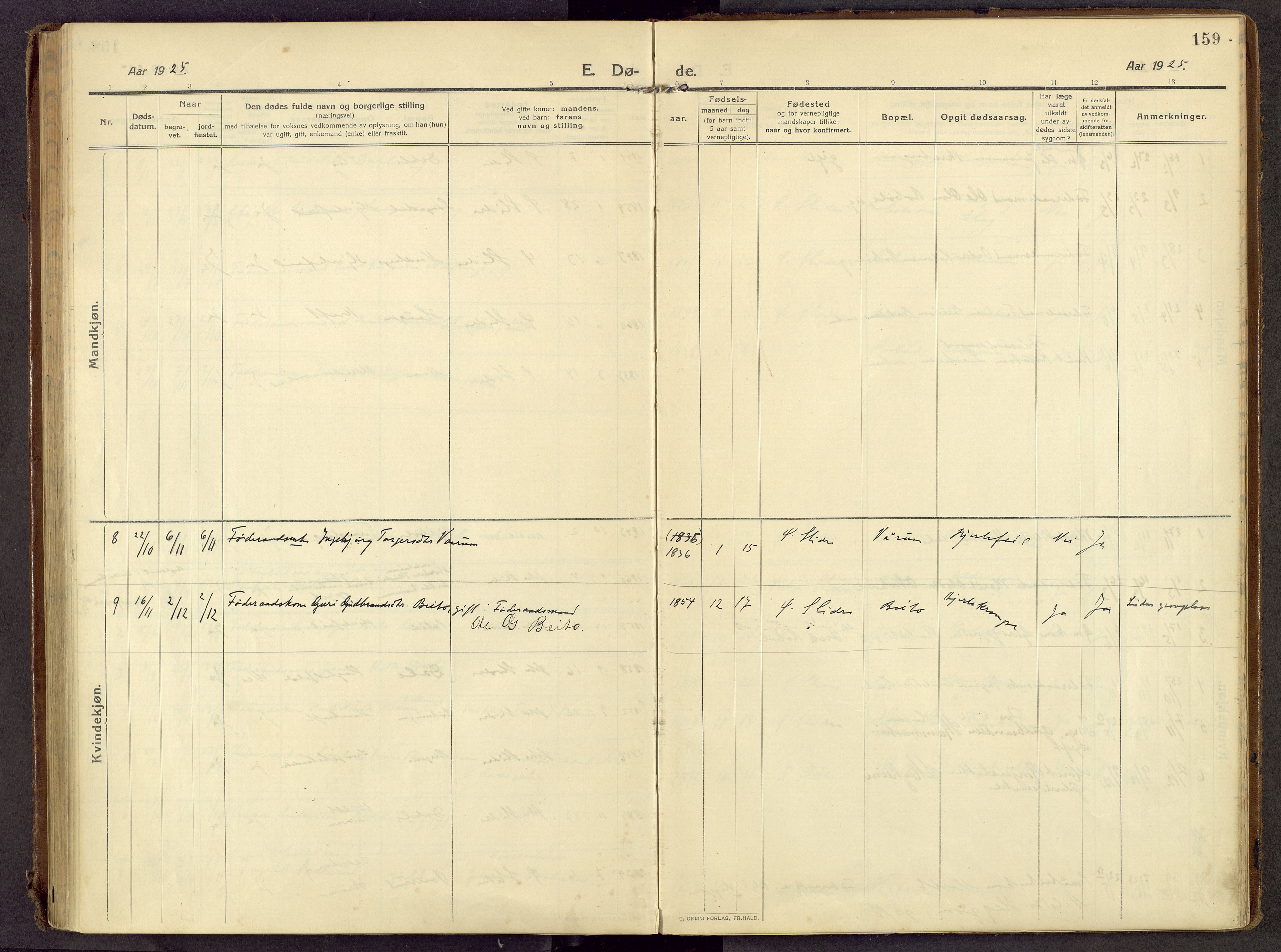 Øystre Slidre prestekontor, AV/SAH-PREST-138/H/Ha/Haa/L0007: Parish register (official) no. 7, 1911-1931, p. 159