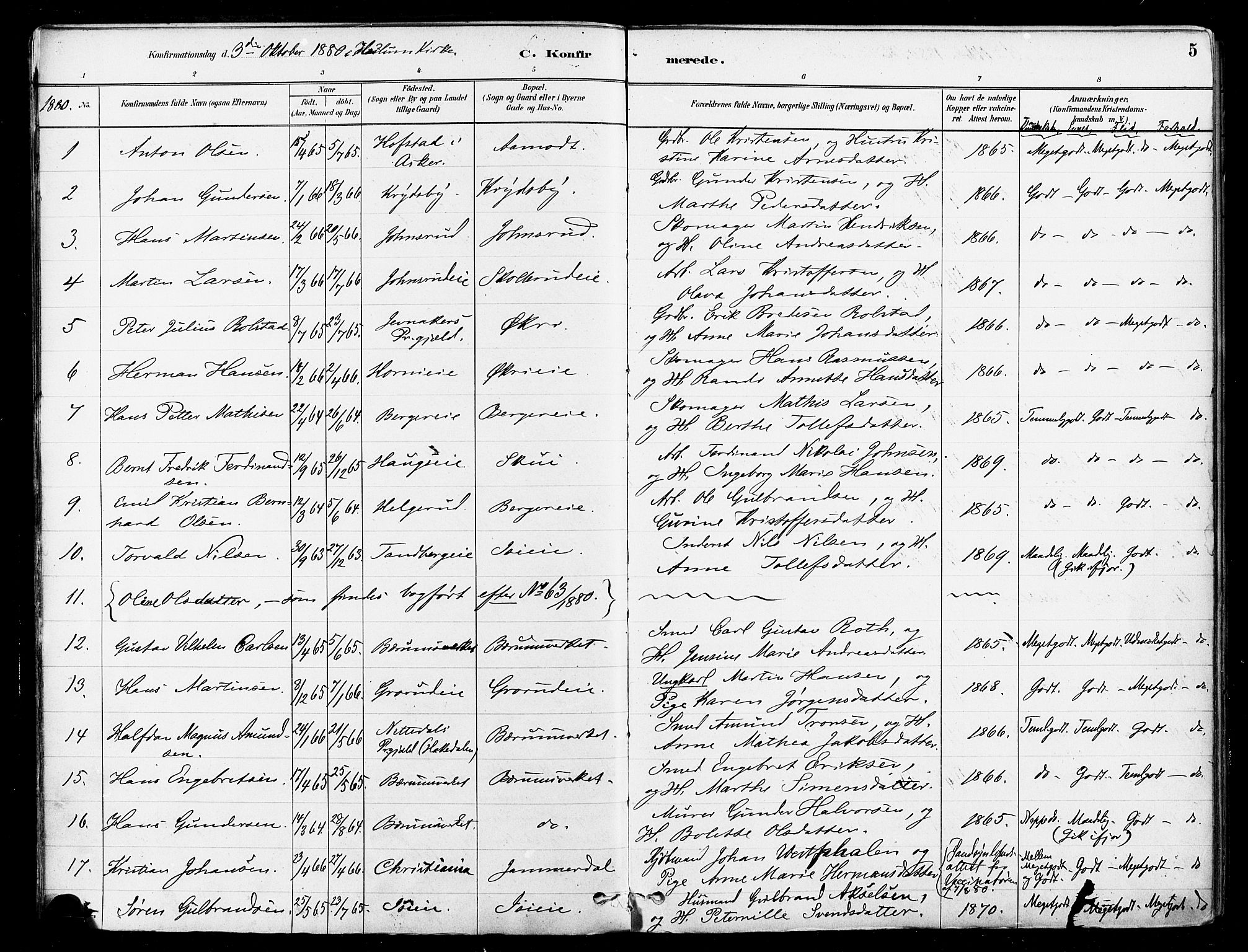 Asker prestekontor Kirkebøker, SAO/A-10256a/F/Fb/L0002: Parish register (official) no. II 2, 1879-1921, p. 5