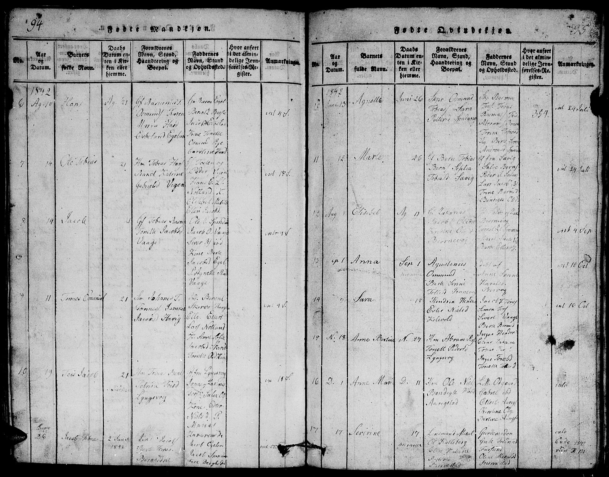 Herad sokneprestkontor, SAK/1111-0018/F/Fb/Fbb/L0001: Parish register (copy) no. B 1, 1815-1852, p. 94