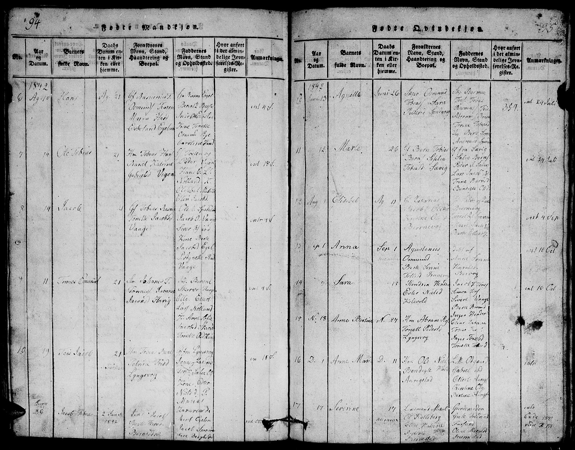 Herad sokneprestkontor, AV/SAK-1111-0018/F/Fb/Fbb/L0001: Parish register (copy) no. B 1, 1815-1852, p. 94