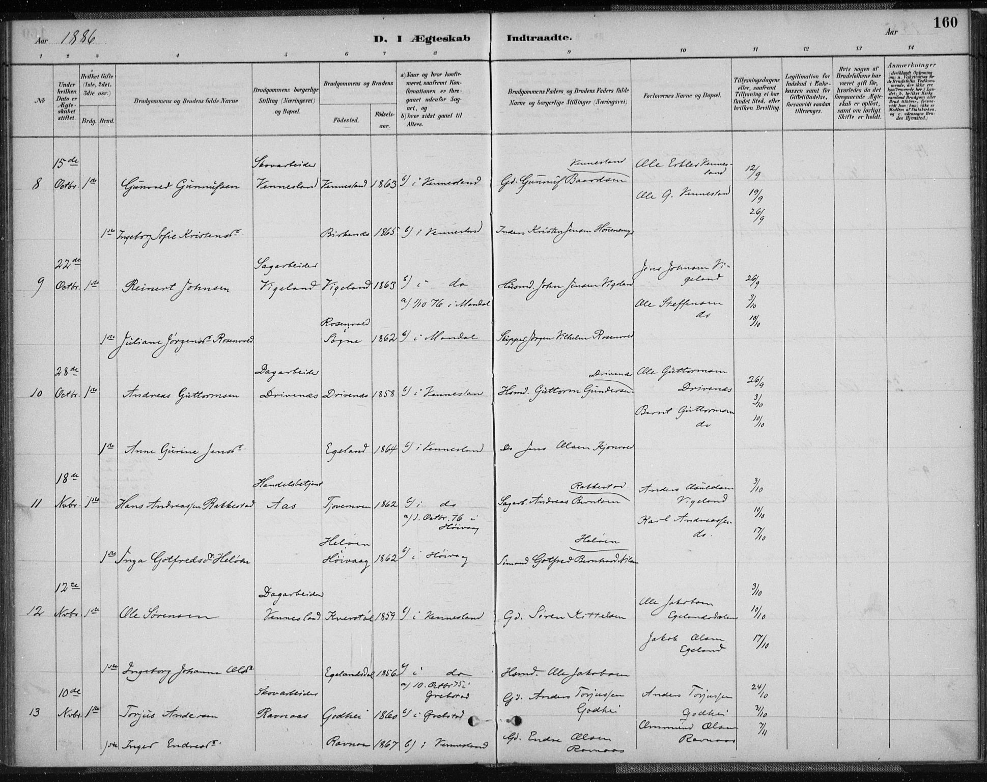 Vennesla sokneprestkontor, AV/SAK-1111-0045/Fa/Fab/L0004: Parish register (official) no. A 4, 1884-1896, p. 160