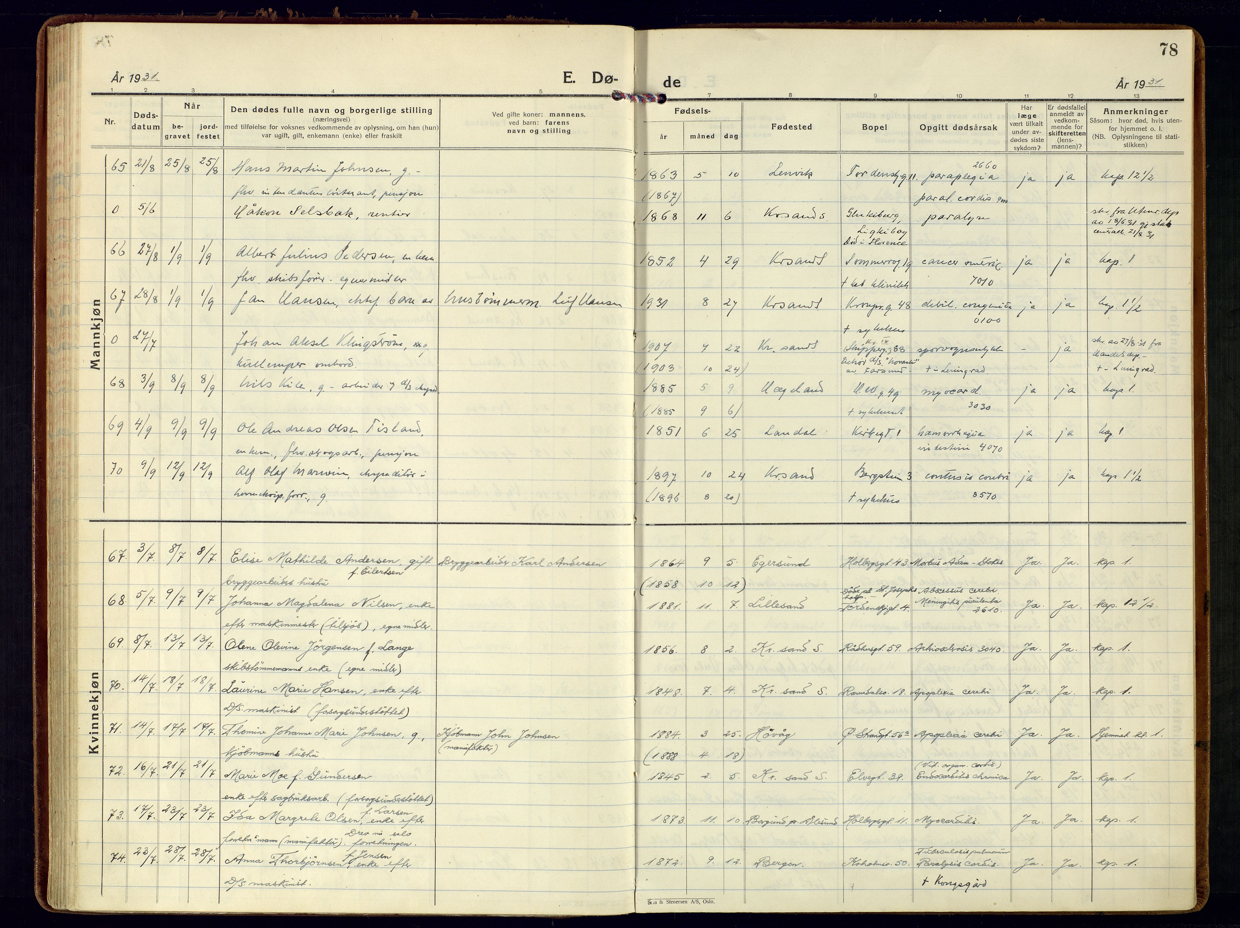 Kristiansand domprosti, AV/SAK-1112-0006/F/Fa/L0030: Parish register (official) no. A 29, 1926-1937, p. 78