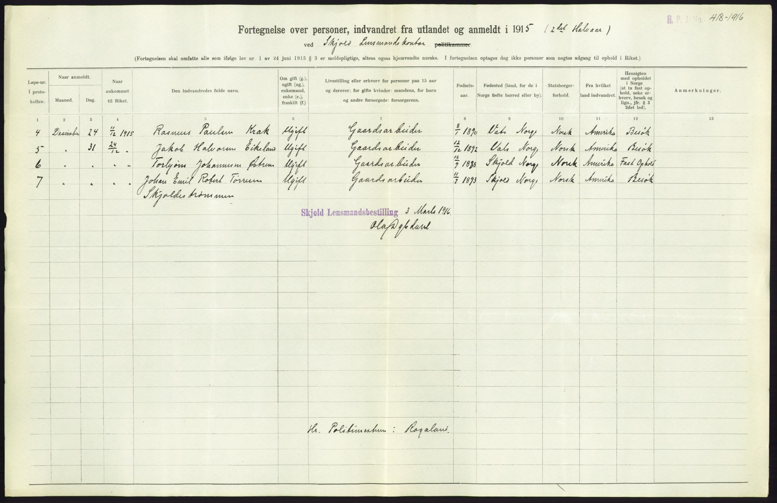 Statistisk sentralbyrå, Sosioøkonomiske emner, Folketellinger, boliger og boforhold, AV/RA-S-2231/F/Fa/L0001: Innvandring. Navn/fylkesvis, 1915, p. 404