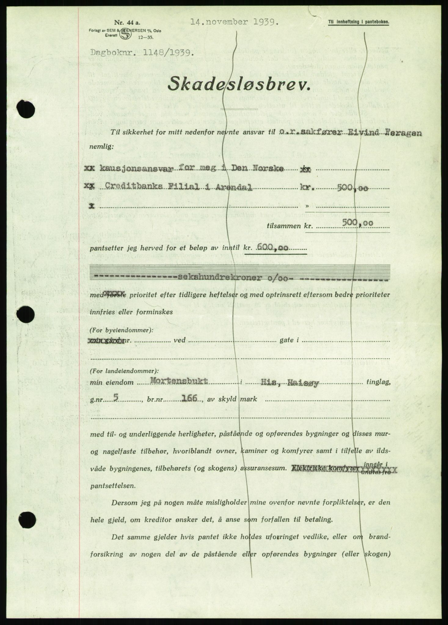 Nedenes sorenskriveri, AV/SAK-1221-0006/G/Gb/Gbb/L0001: Mortgage book no. I, 1939-1942, Diary no: : 1148/1939
