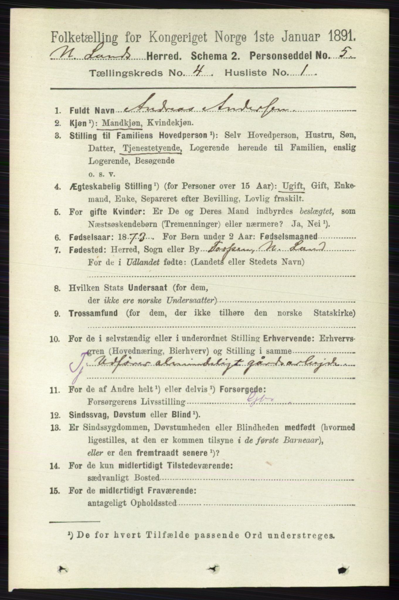 RA, 1891 census for 0538 Nordre Land, 1891, p. 1348