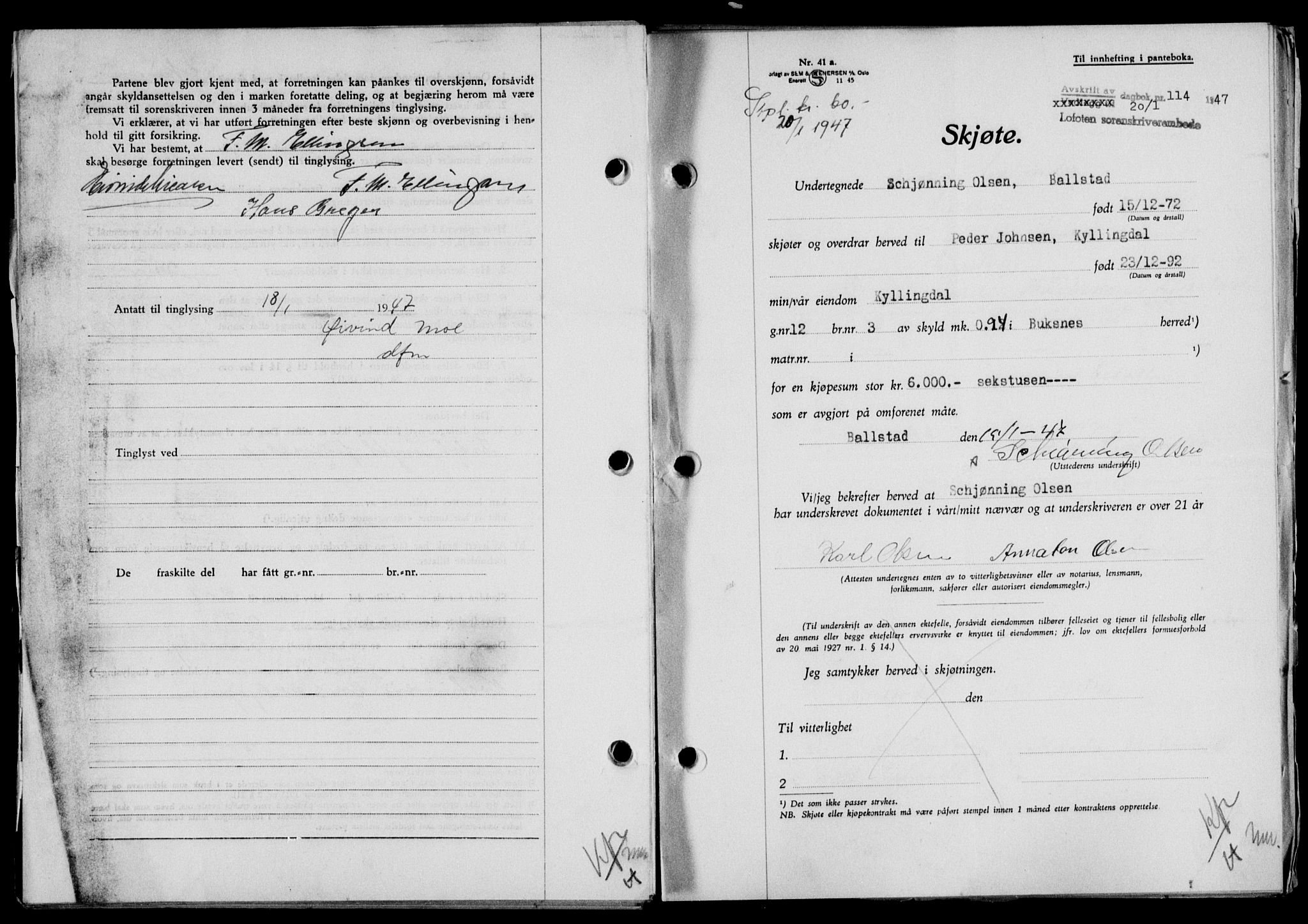 Lofoten sorenskriveri, SAT/A-0017/1/2/2C/L0015a: Mortgage book no. 15a, 1946-1947, Diary no: : 114/1947