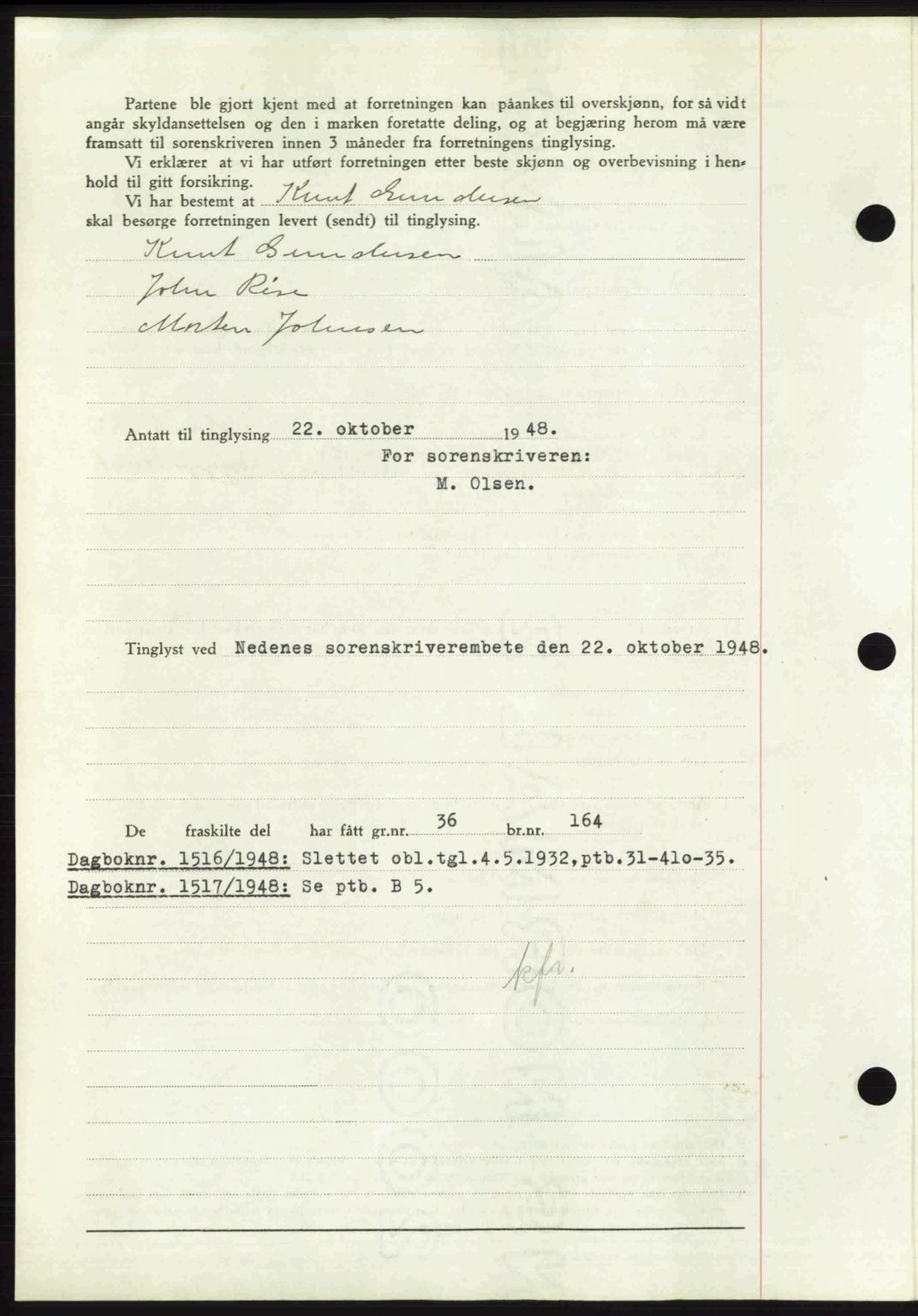 Nedenes sorenskriveri, AV/SAK-1221-0006/G/Gb/Gba/L0059: Mortgage book no. A11, 1948-1948, Diary no: : 1515/1948