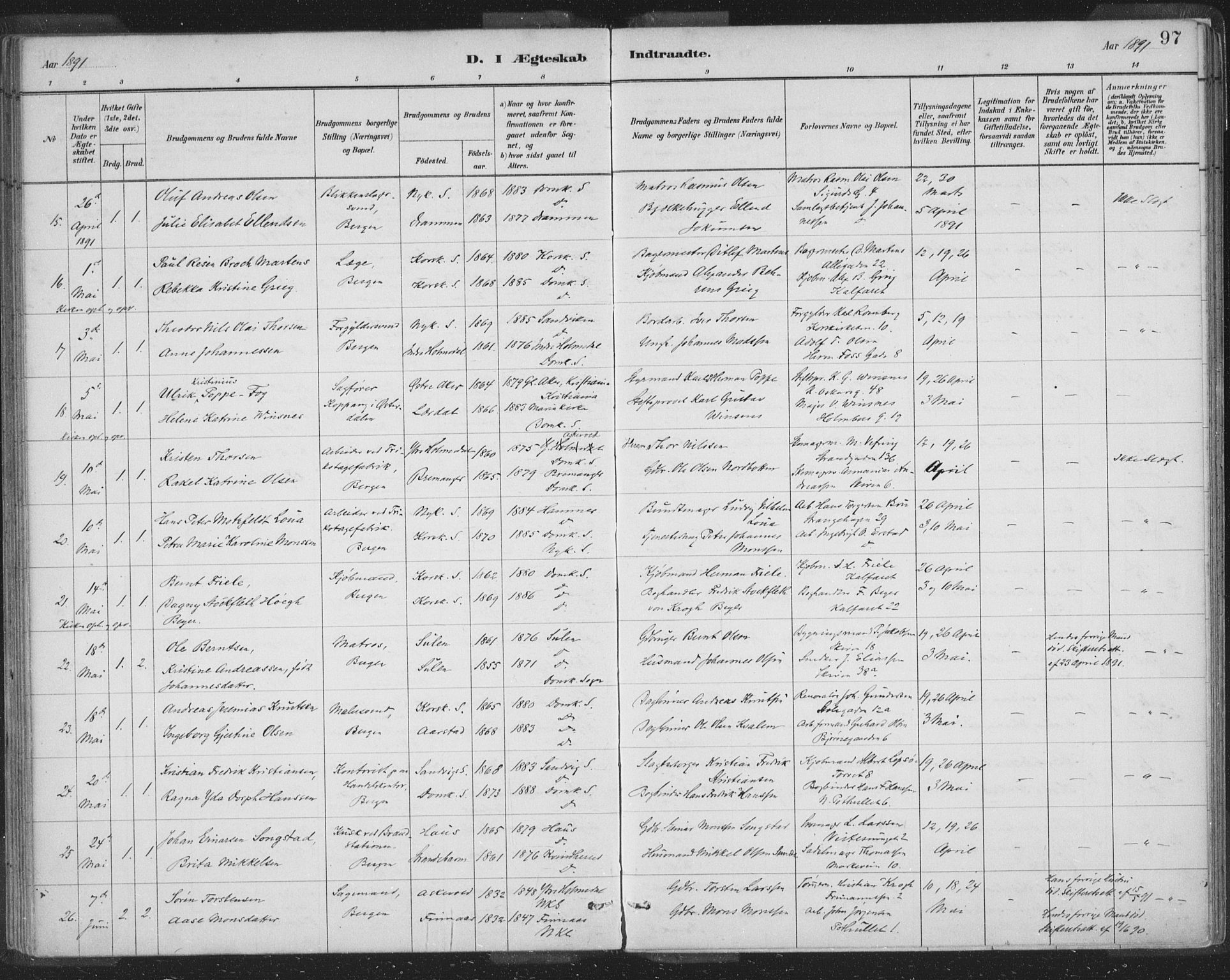 Domkirken sokneprestembete, SAB/A-74801/H/Hab/L0032: Parish register (copy) no. D 4, 1880-1907, p. 97