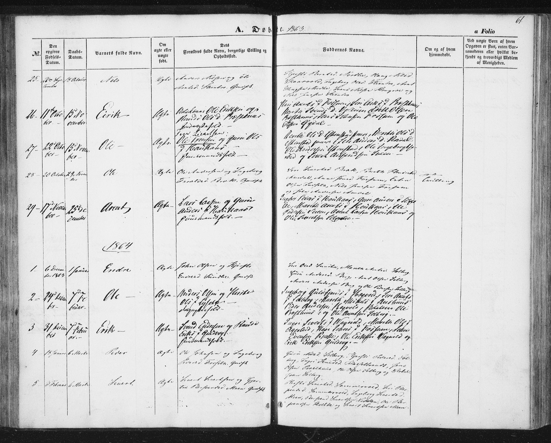 Ministerialprotokoller, klokkerbøker og fødselsregistre - Sør-Trøndelag, SAT/A-1456/689/L1038: Parish register (official) no. 689A03, 1848-1872, p. 61
