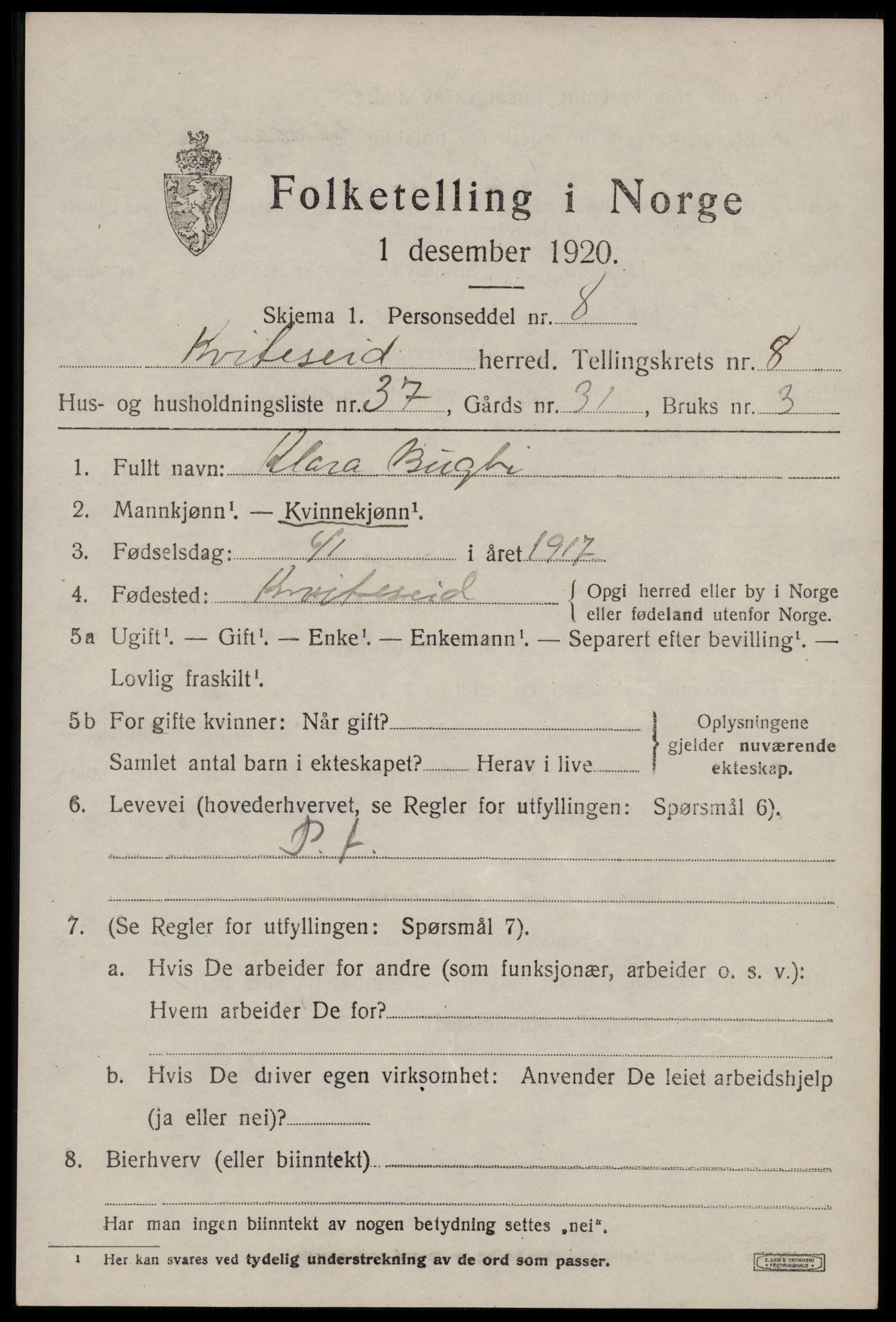 SAKO, 1920 census for Kviteseid, 1920, p. 4173