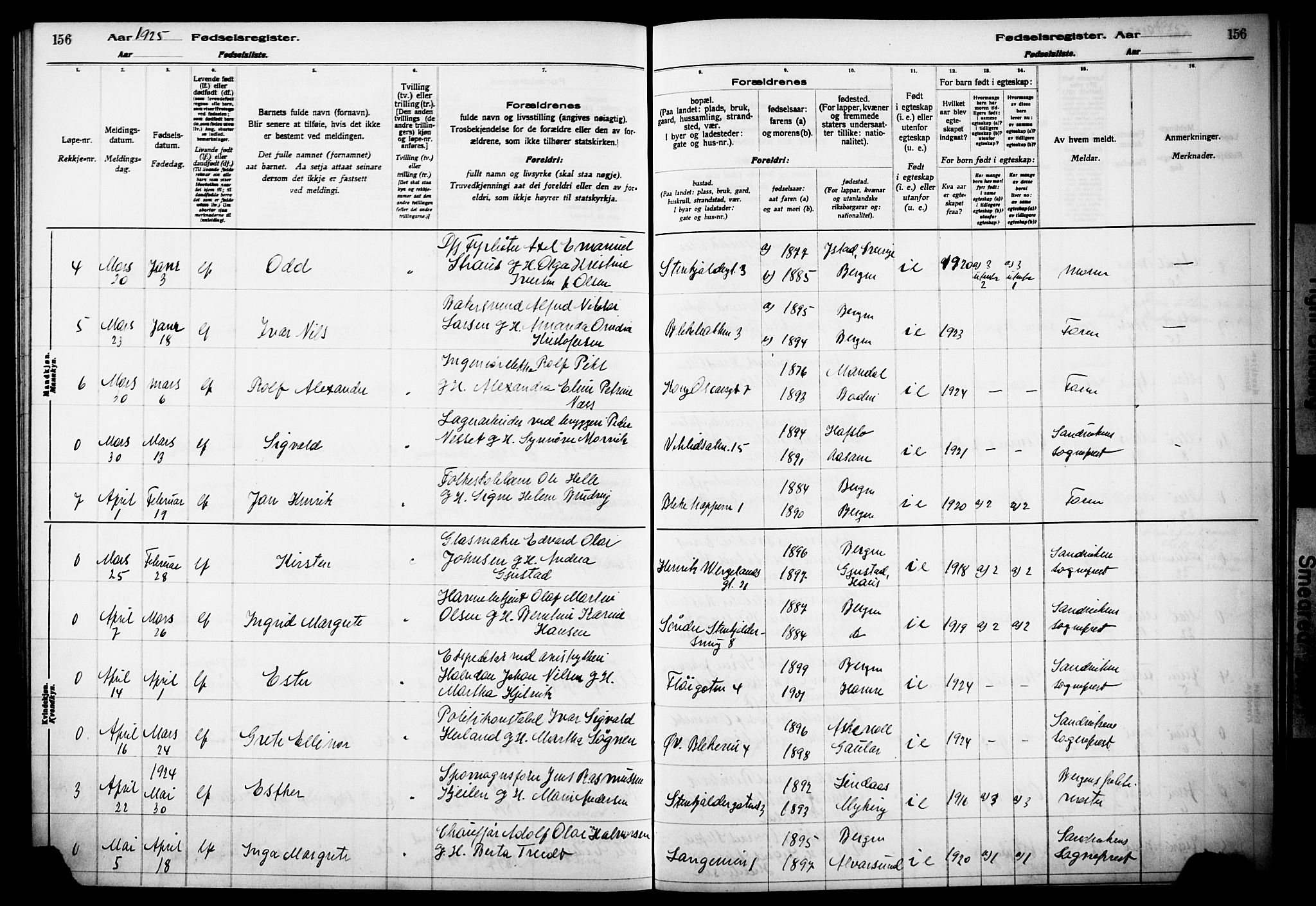 Korskirken sokneprestembete, AV/SAB-A-76101/I/Id/L00A1: Birth register no. A 1, 1916-1929, p. 156