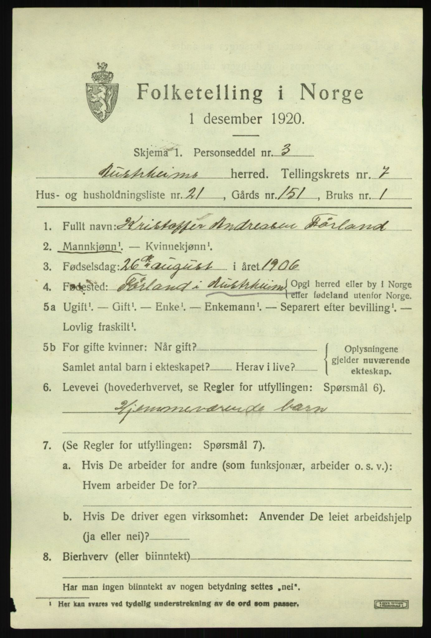 SAB, 1920 census for Austrheim, 1920, p. 2924