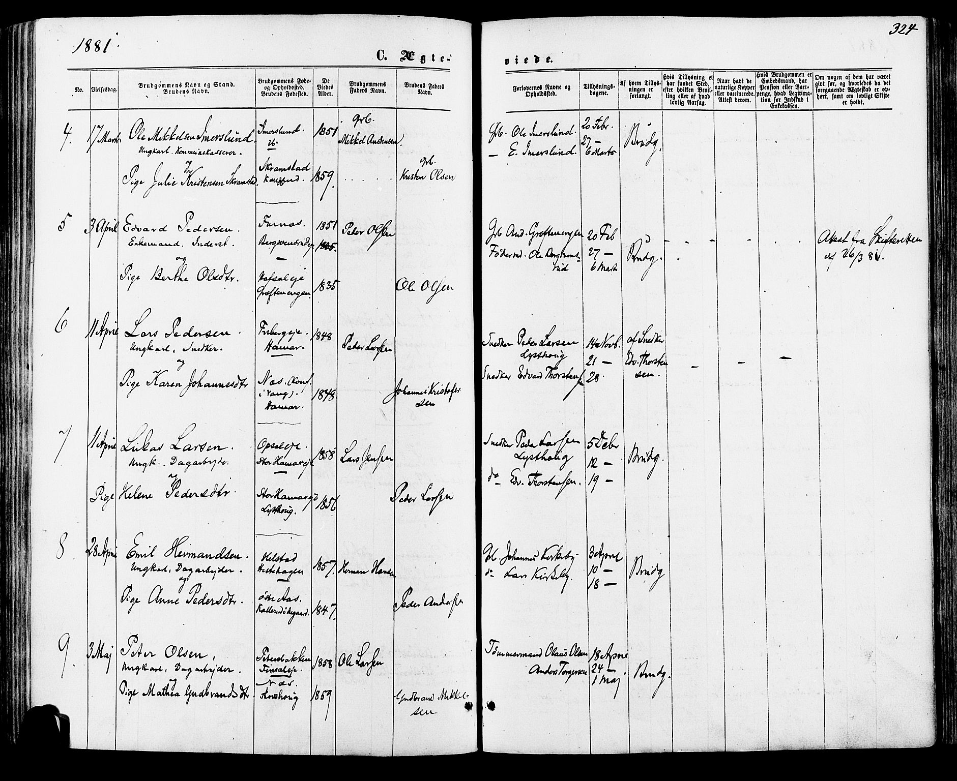 Vang prestekontor, Hedmark, AV/SAH-PREST-008/H/Ha/Haa/L0015: Parish register (official) no. 15, 1871-1885, p. 324