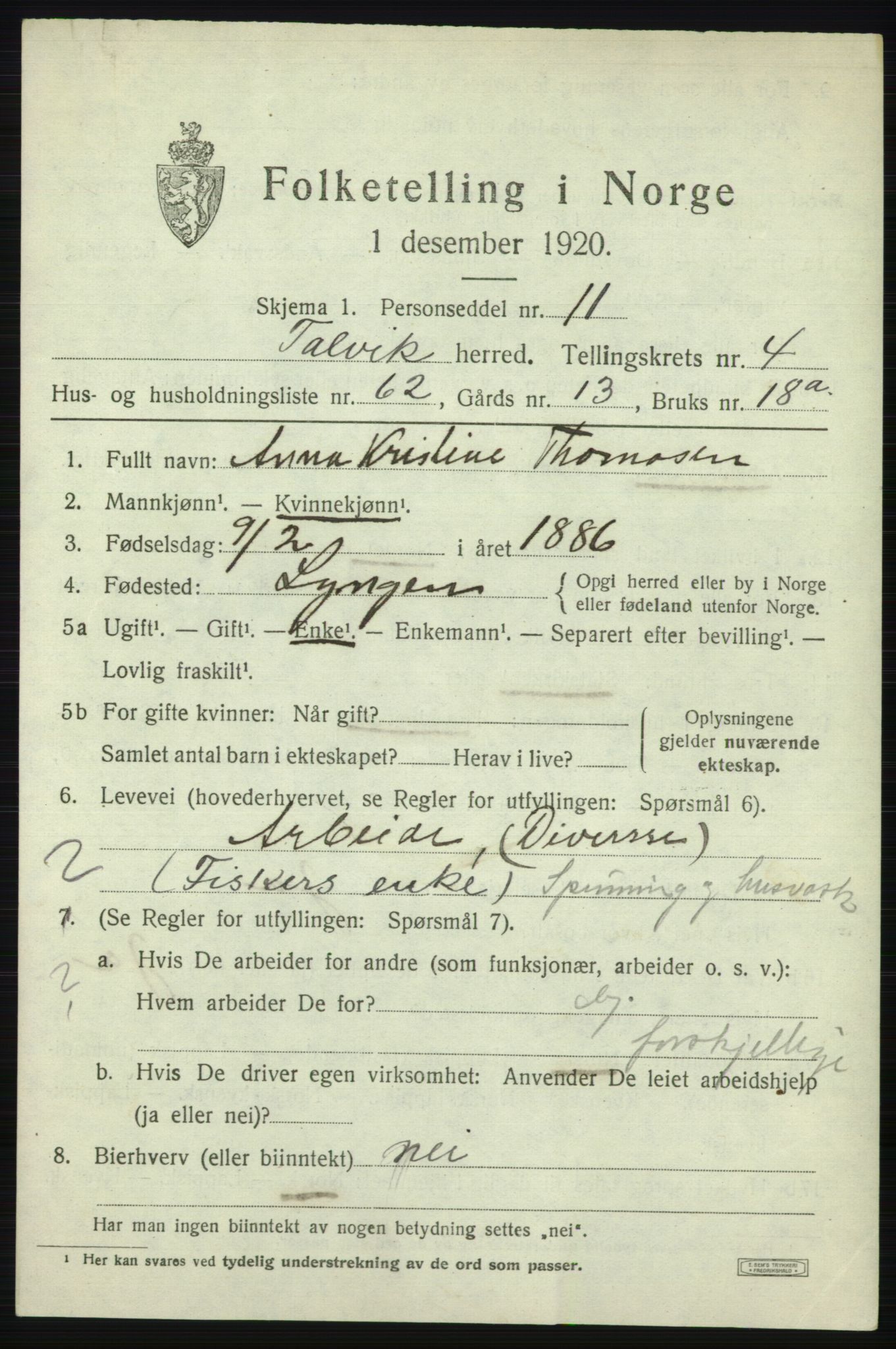 SATØ, 1920 census for Talvik, 1920, p. 3308