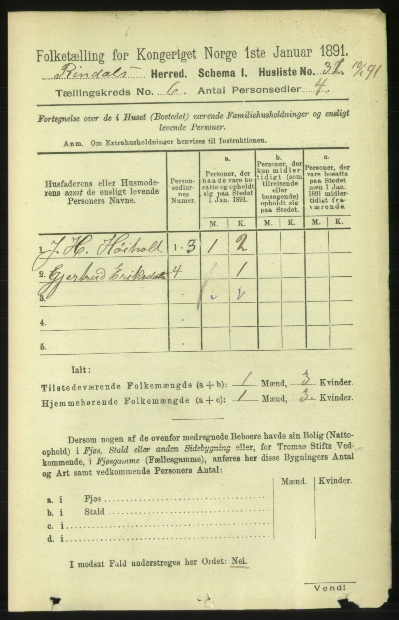 RA, 1891 census for 1567 Rindal, 1891, p. 1741