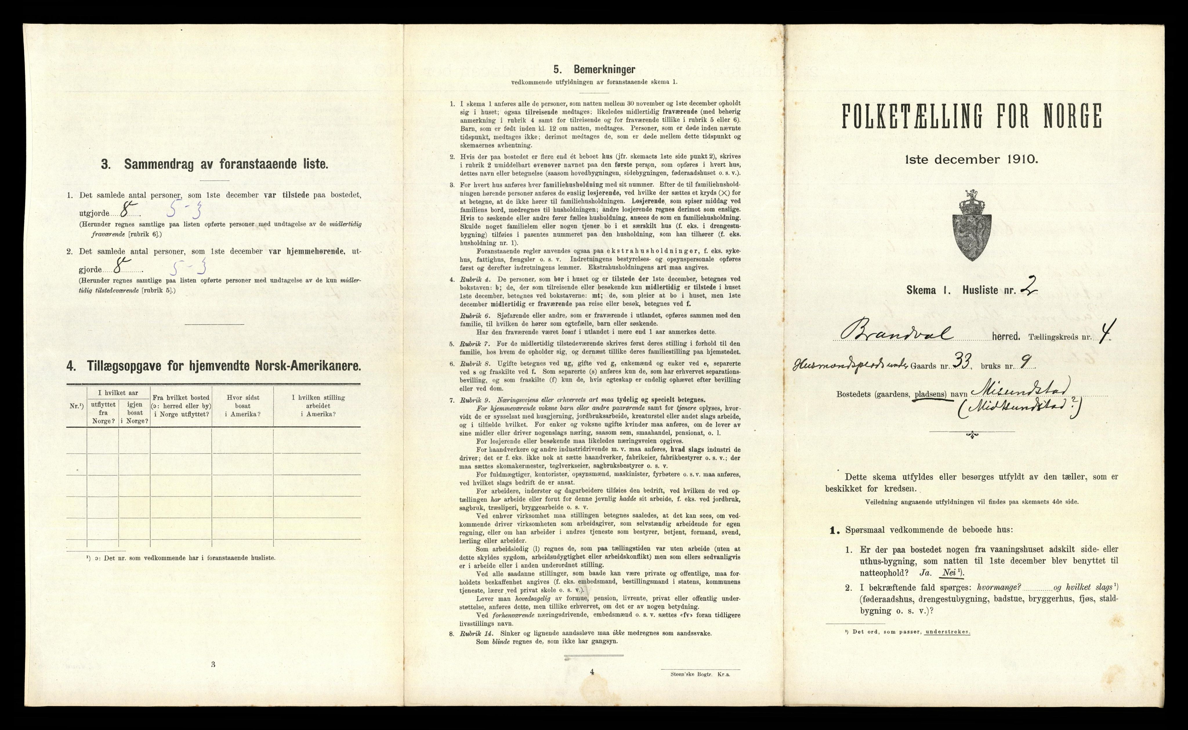 RA, 1910 census for Brandval, 1910, p. 461