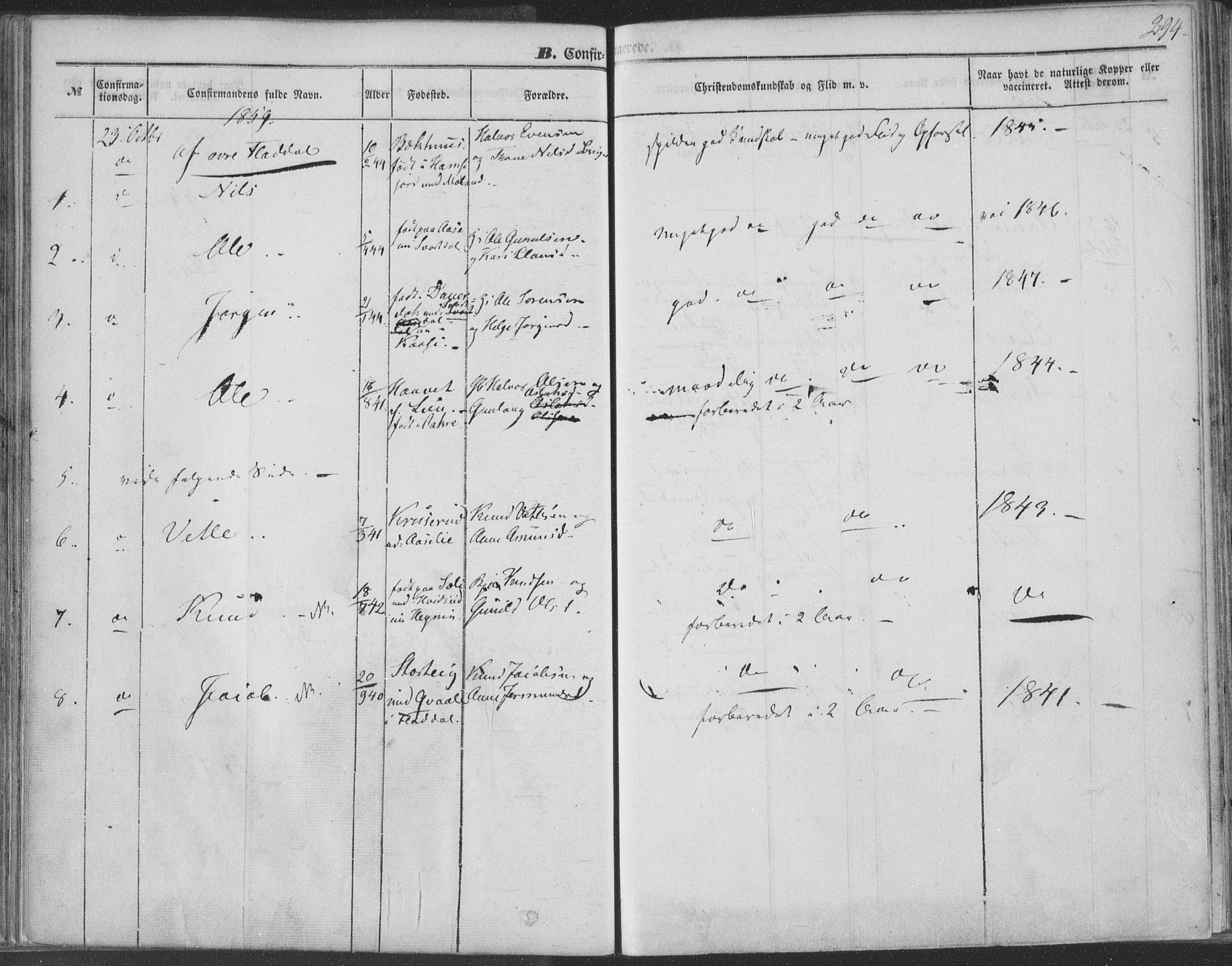 Seljord kirkebøker, AV/SAKO-A-20/F/Fa/L012b: Parish register (official) no. I 12B, 1850-1865, p. 294