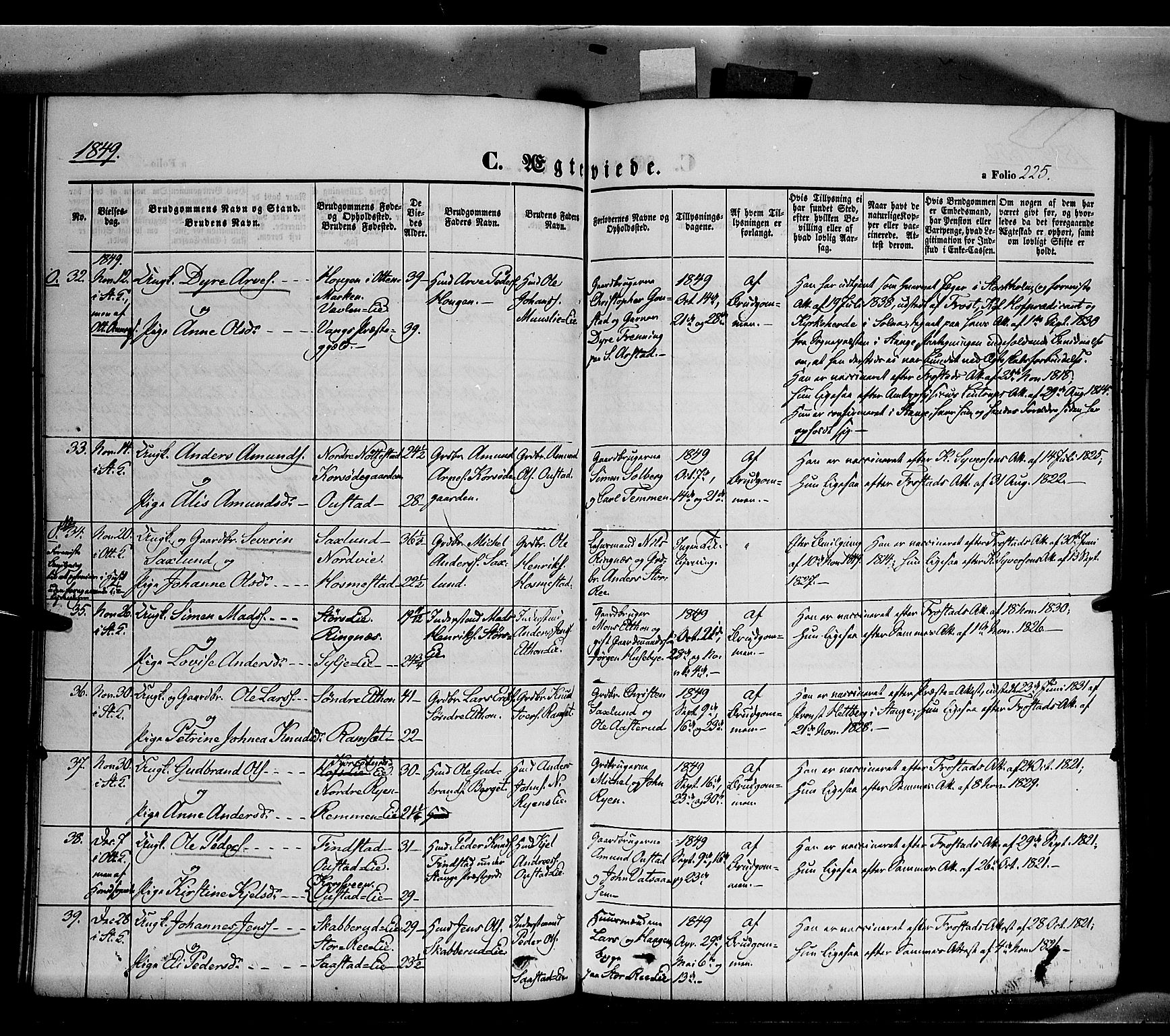 Stange prestekontor, SAH/PREST-002/K/L0011: Parish register (official) no. 11, 1846-1852, p. 225