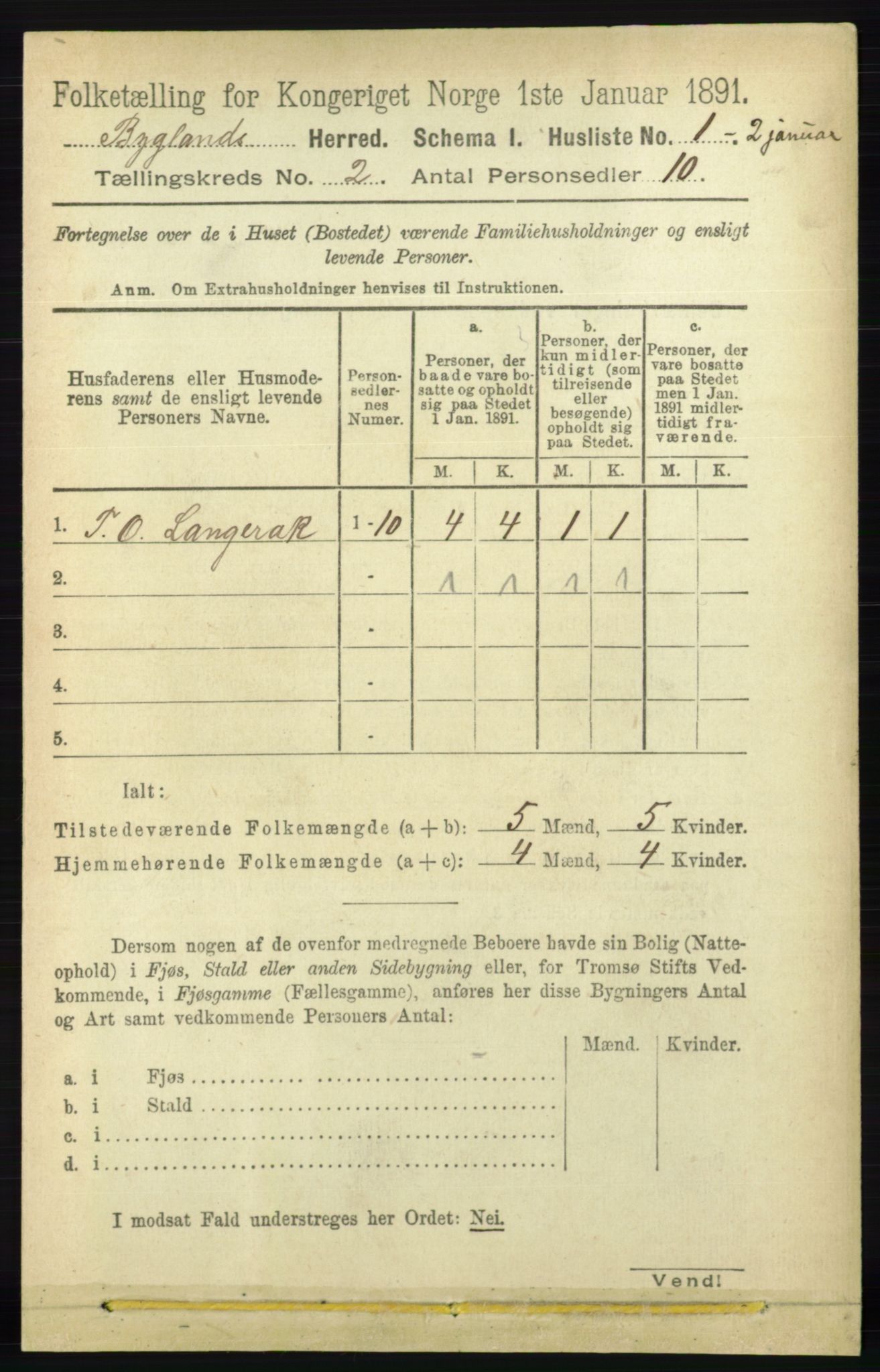 RA, 1891 census for 0938 Bygland, 1891, p. 214