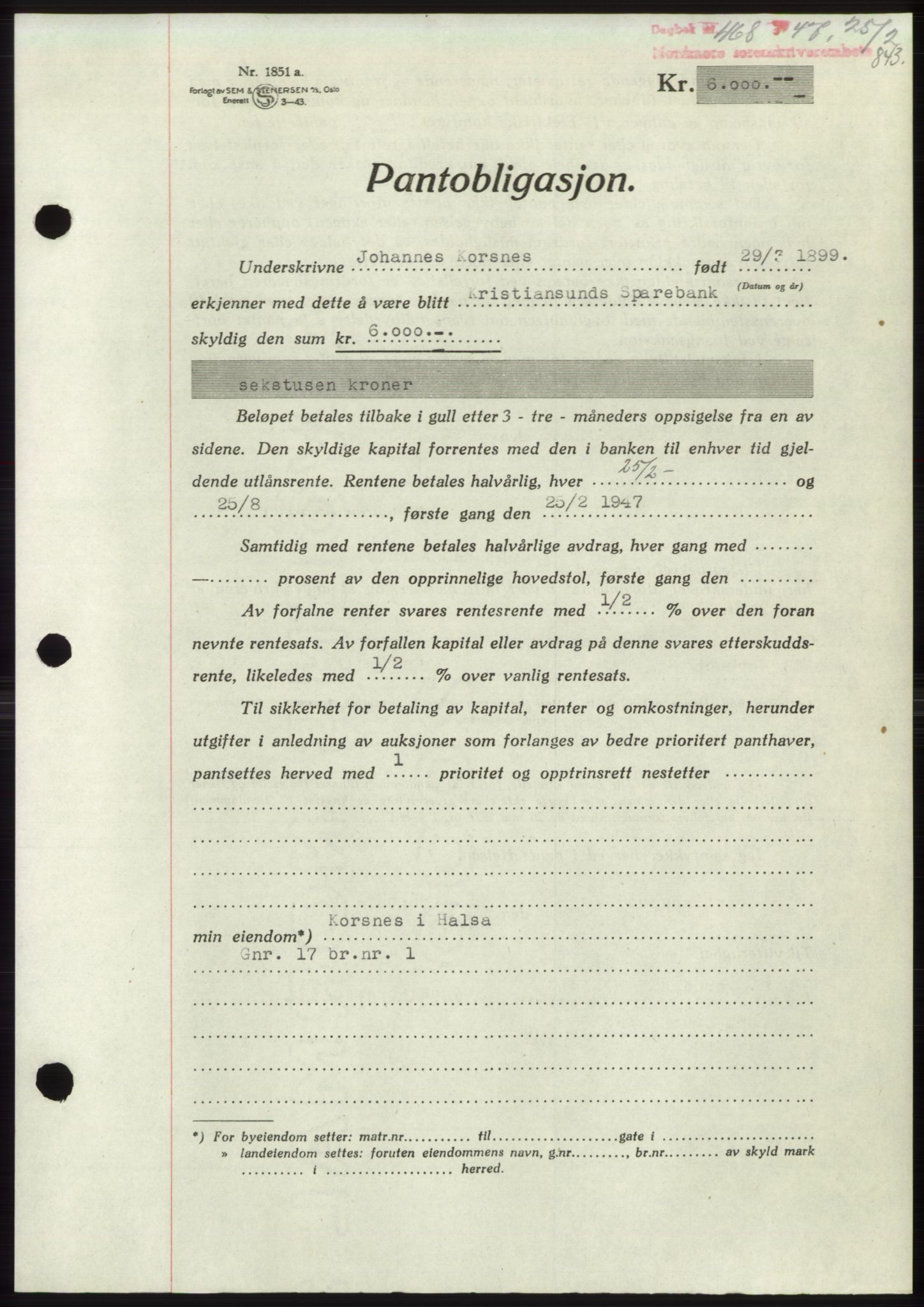 Nordmøre sorenskriveri, AV/SAT-A-4132/1/2/2Ca: Mortgage book no. B95, 1946-1947, Diary no: : 468/1947