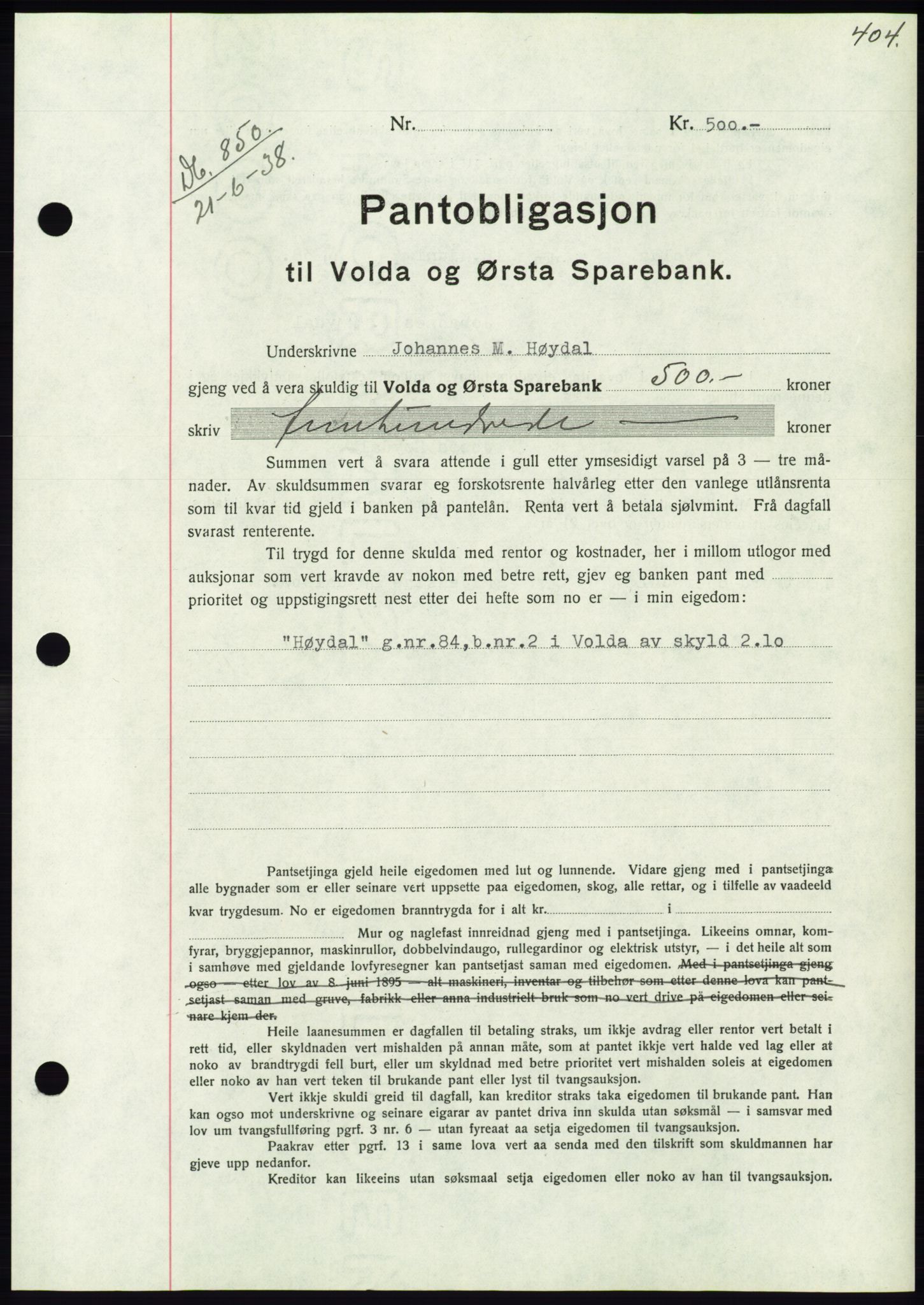 Søre Sunnmøre sorenskriveri, AV/SAT-A-4122/1/2/2C/L0065: Mortgage book no. 59, 1938-1938, Diary no: : 850/1938