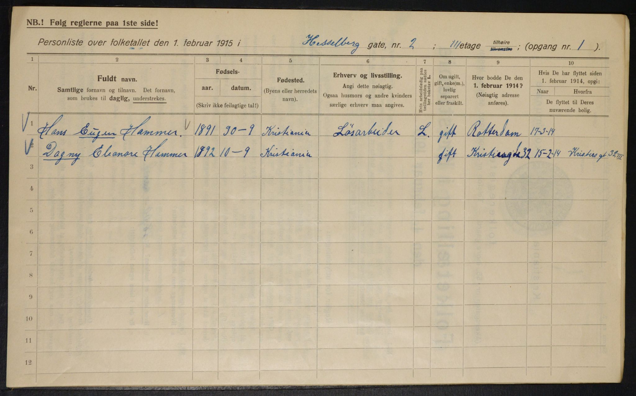 OBA, Municipal Census 1915 for Kristiania, 1915, p. 39458