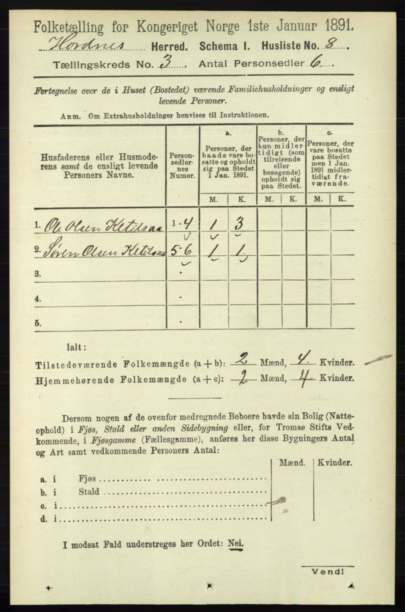 RA, 1891 census for 0936 Hornnes, 1891, p. 484