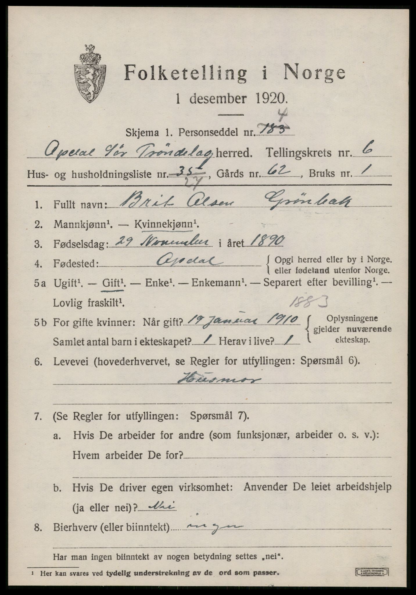 SAT, 1920 census for Oppdal, 1920, p. 5695