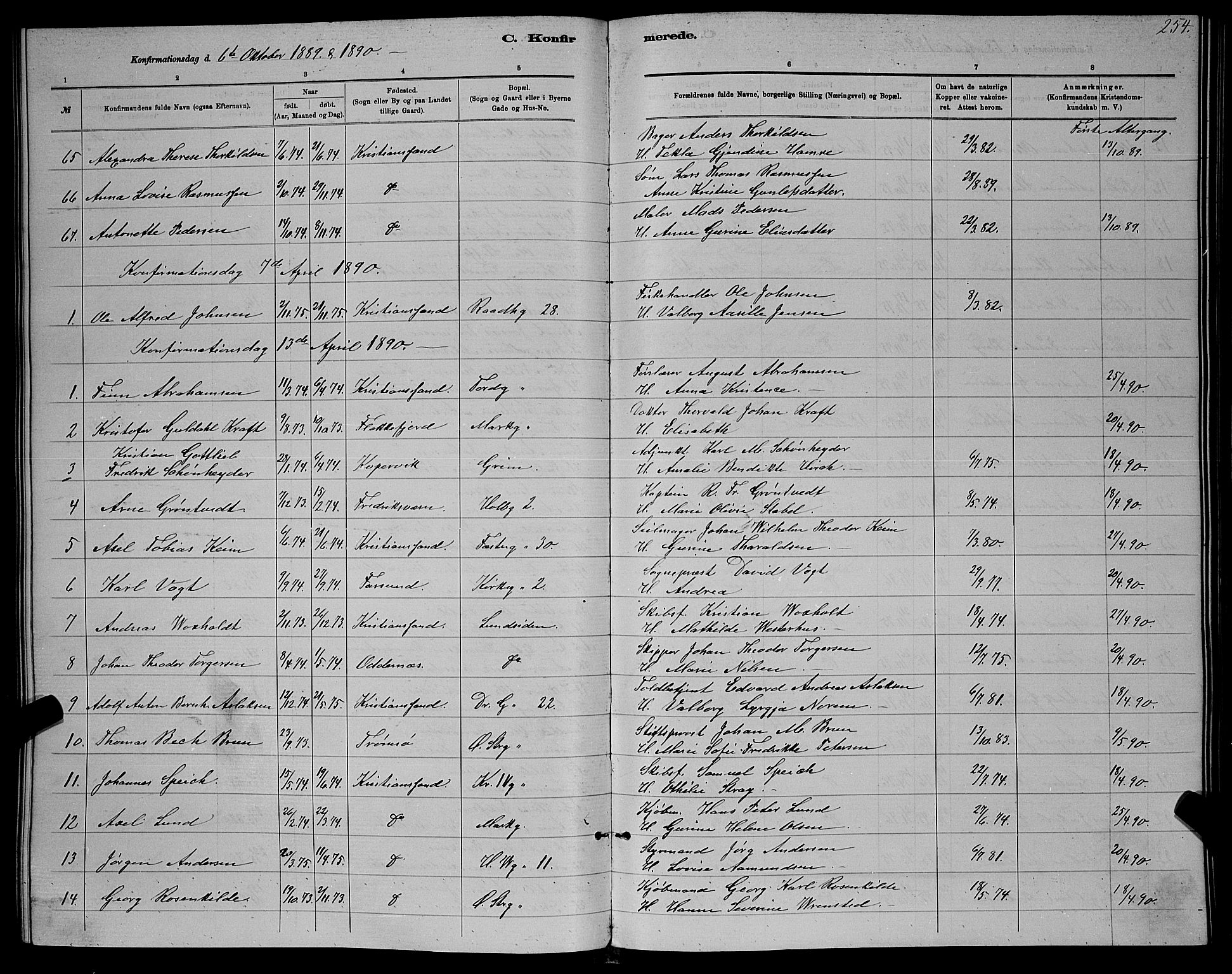 Kristiansand domprosti, AV/SAK-1112-0006/F/Fb/L0016: Parish register (copy) no. B 16, 1881-1893, p. 254