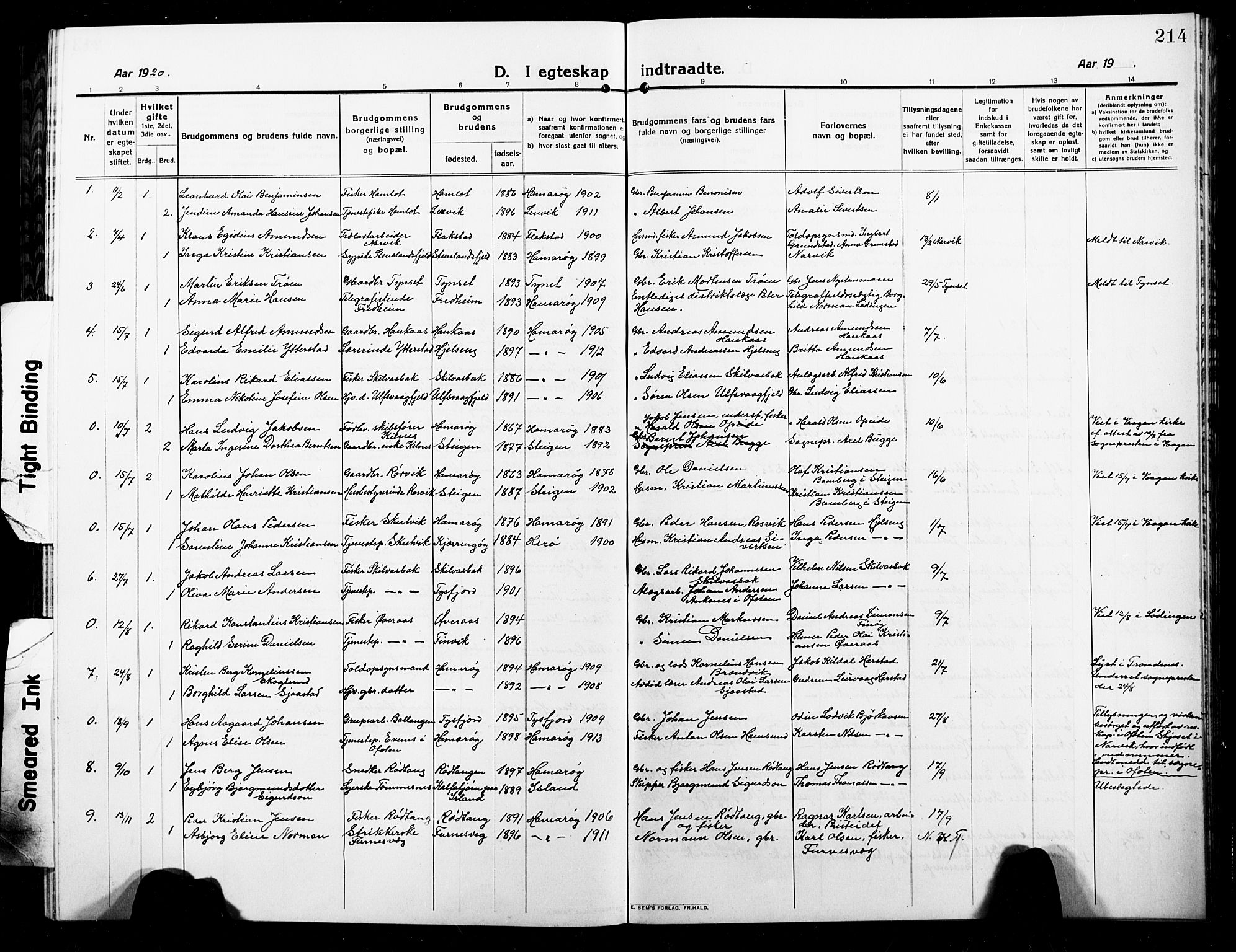 Ministerialprotokoller, klokkerbøker og fødselsregistre - Nordland, AV/SAT-A-1459/859/L0861: Parish register (copy) no. 859C07, 1910-1925, p. 214