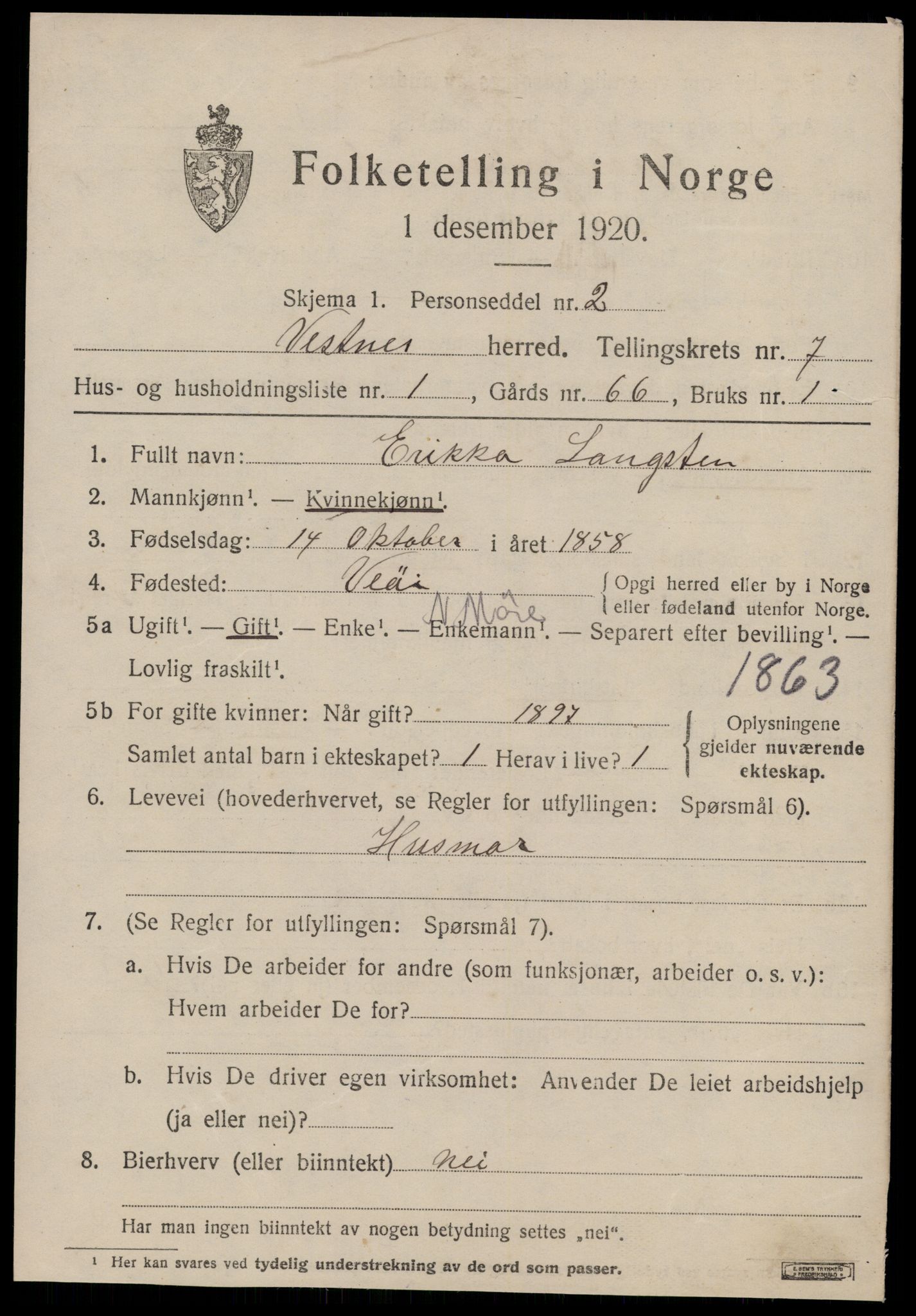 SAT, 1920 census for Vestnes, 1920, p. 5103