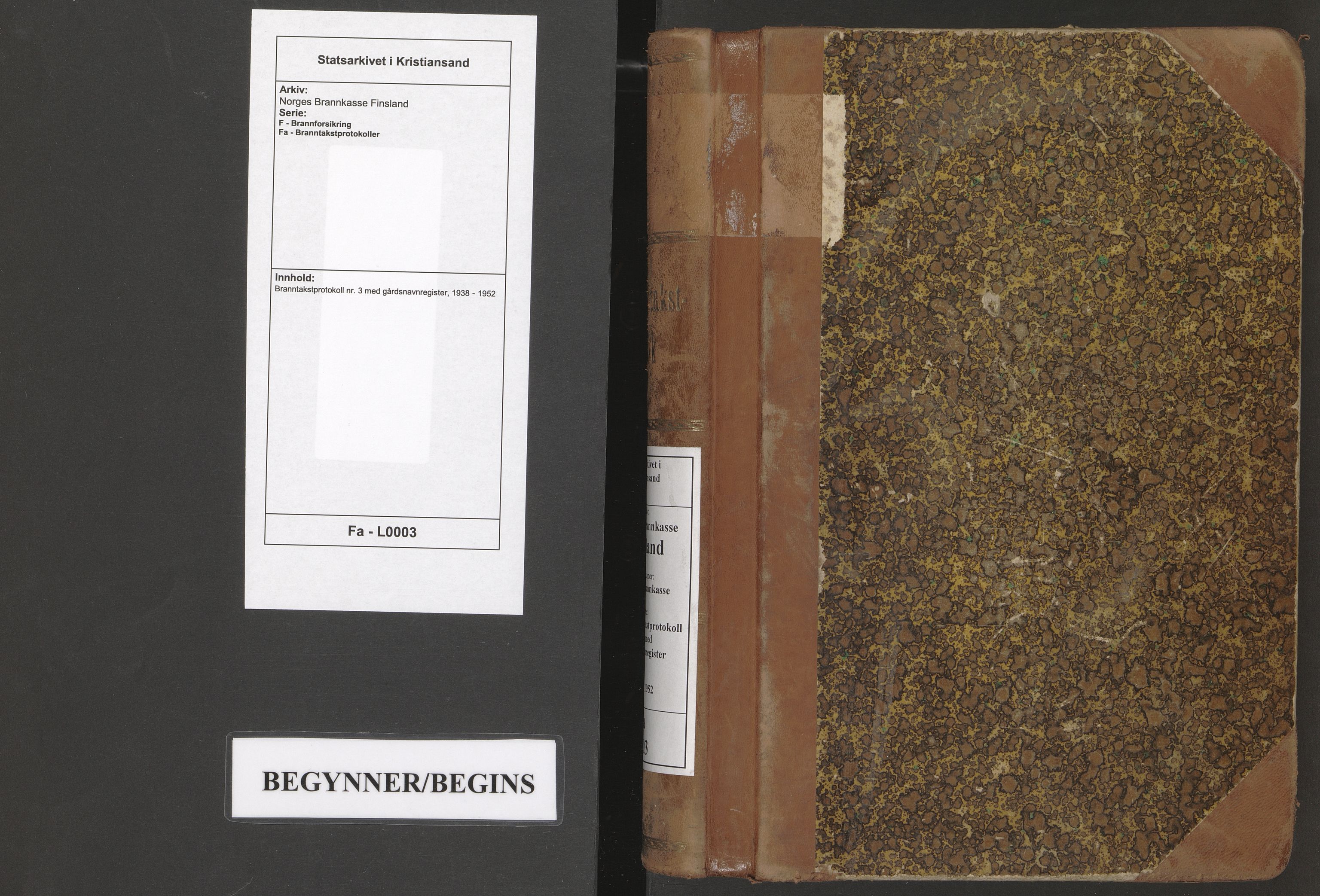 Norges Brannkasse Finsland, AV/SAK-2241-0013/F/Fa/L0003: Branntakstprotokoll nr. 3 med gårdsnavnregister, 1938-1952