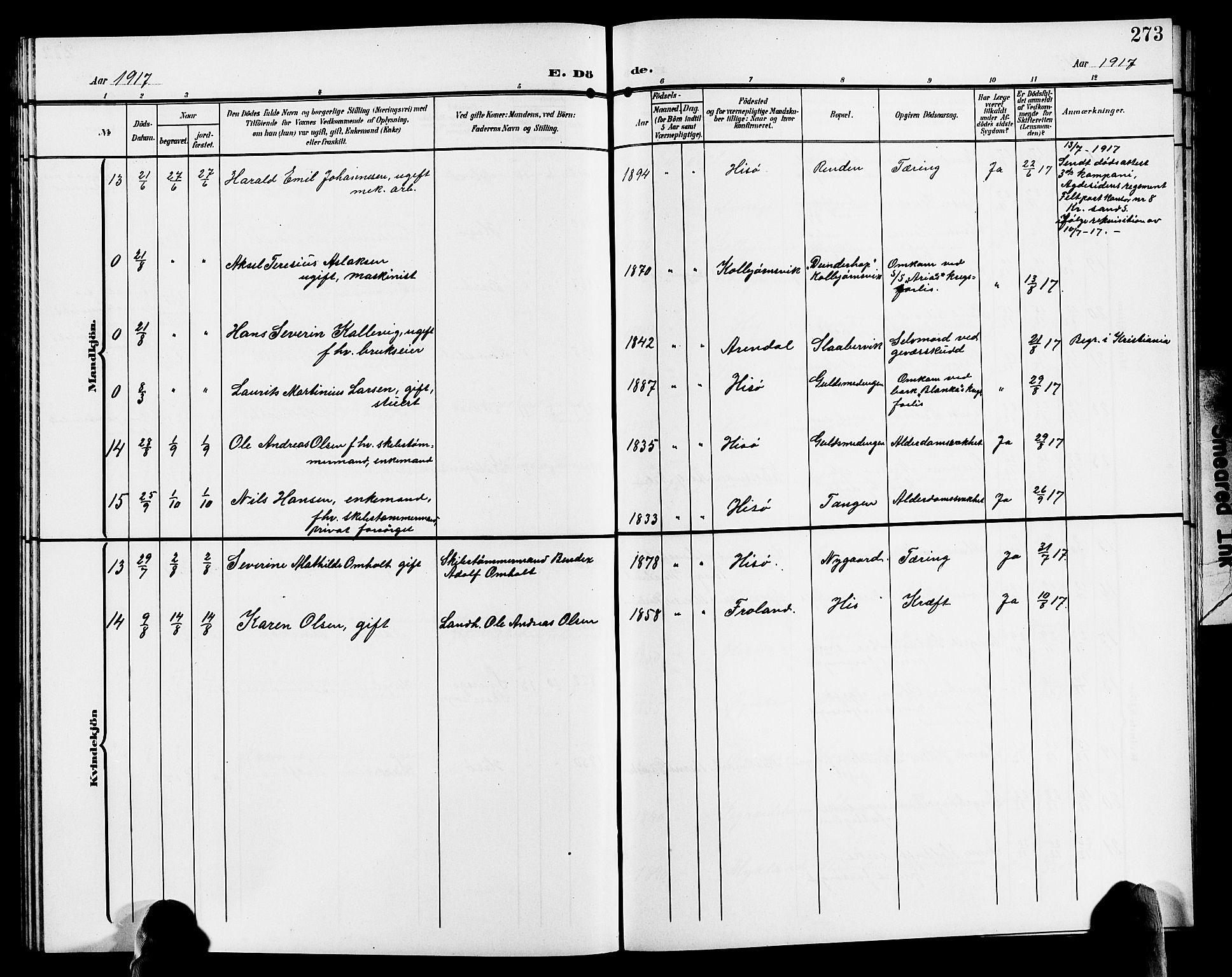 Hisøy sokneprestkontor, AV/SAK-1111-0020/F/Fb/L0004: Parish register (copy) no. B 4, 1905-1923, p. 273