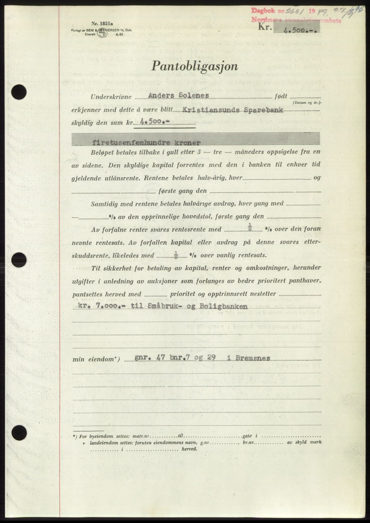 Nordmøre sorenskriveri, AV/SAT-A-4132/1/2/2Ca: Mortgage book no. B102, 1949-1949, Diary no: : 2661/1949