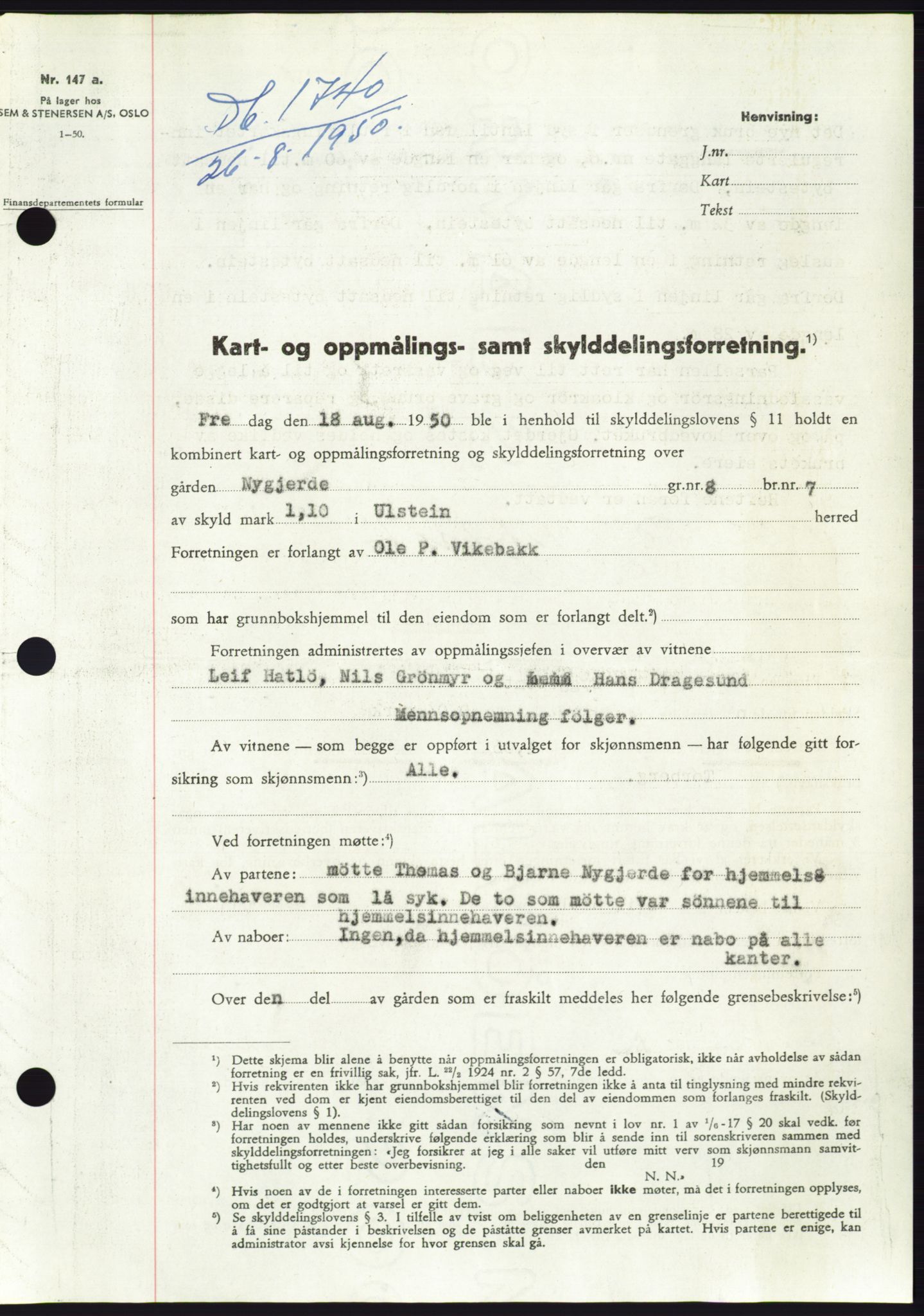 Søre Sunnmøre sorenskriveri, SAT/A-4122/1/2/2C/L0087: Mortgage book no. 13A, 1950-1950, Diary no: : 1740/1950
